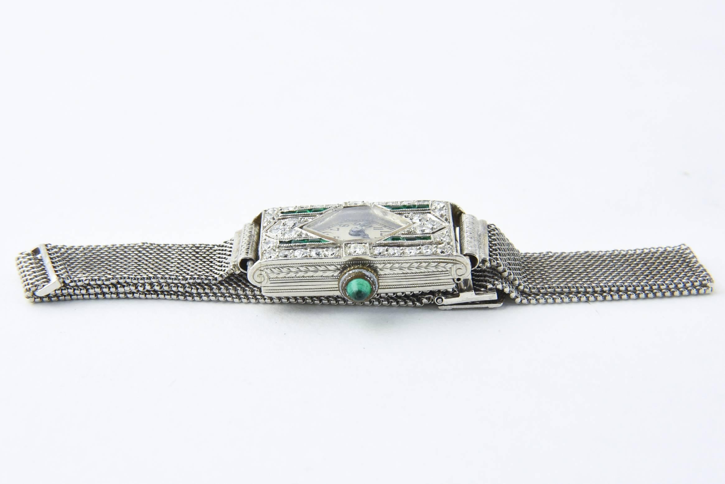 Art Deco-Armbanduhr, Glycine Platin Diamant Smaragd (Rundschliff) im Angebot