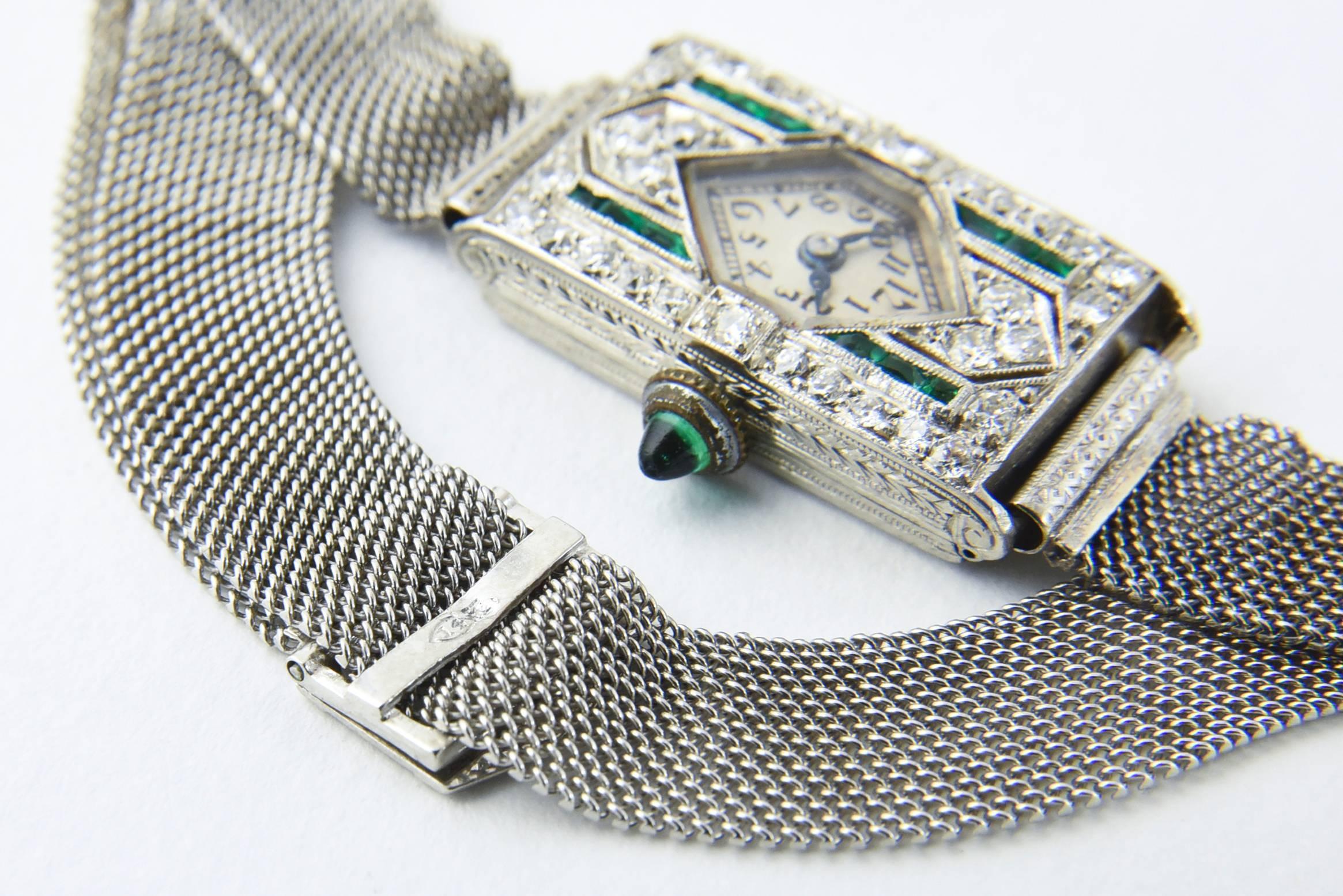 Art déco Glycine Platinum Diamond Emerald Art Deco Wristwatch en vente