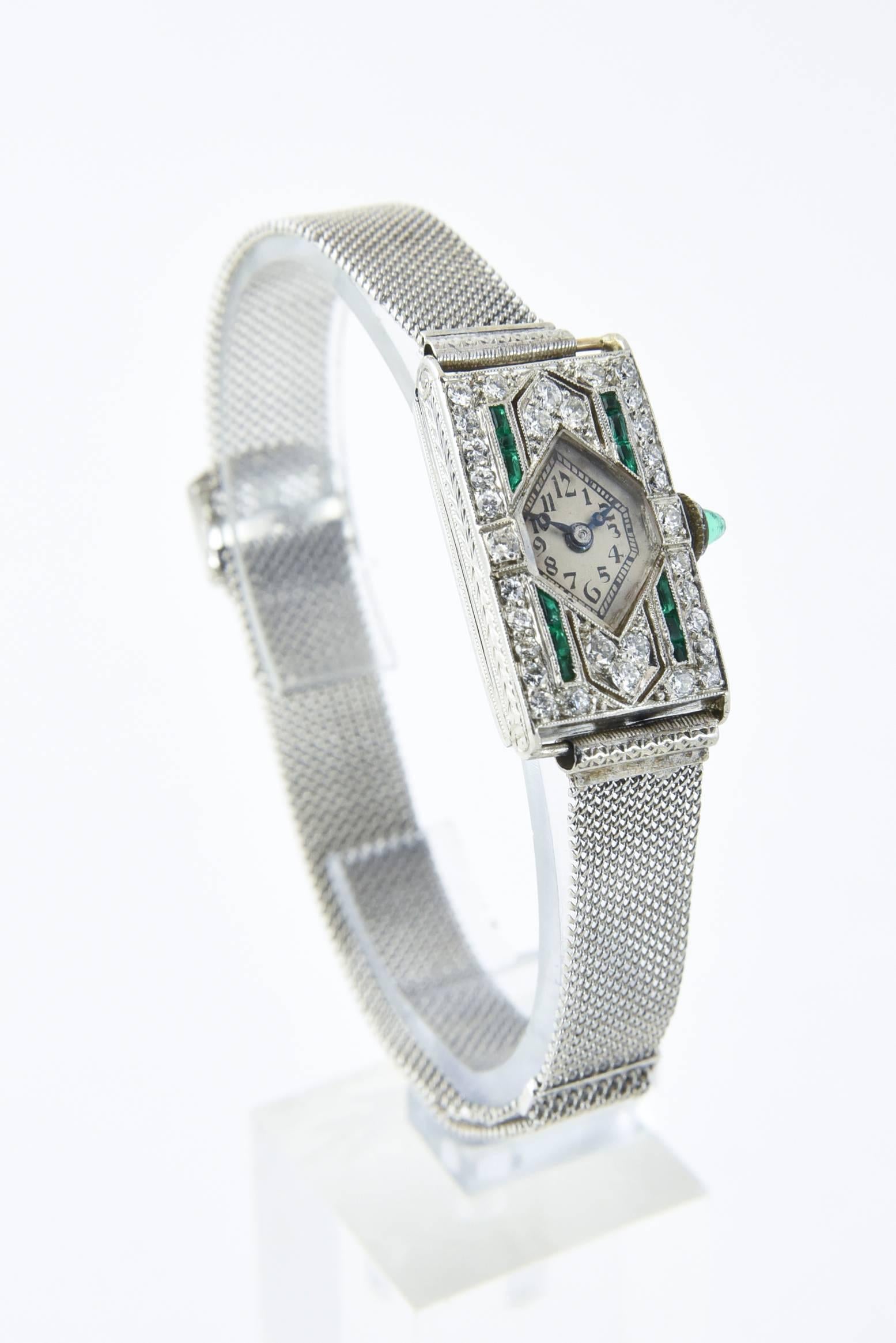 Round Cut Glycine Platinum Diamond Emerald Art Deco Wristwatch For Sale