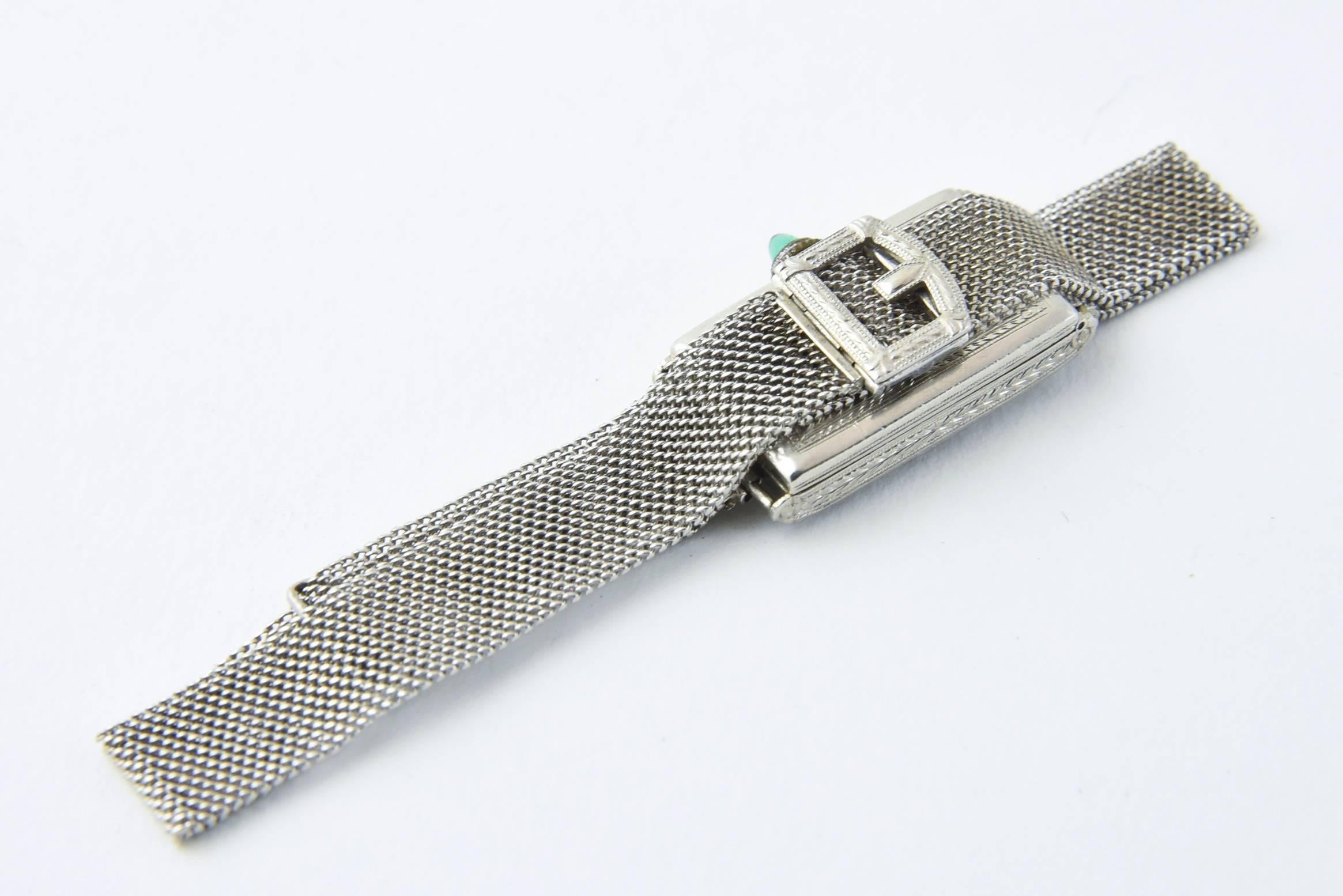 Glycine Platinum Diamond Emerald Art Deco Wristwatch In Good Condition For Sale In Miami Beach, FL
