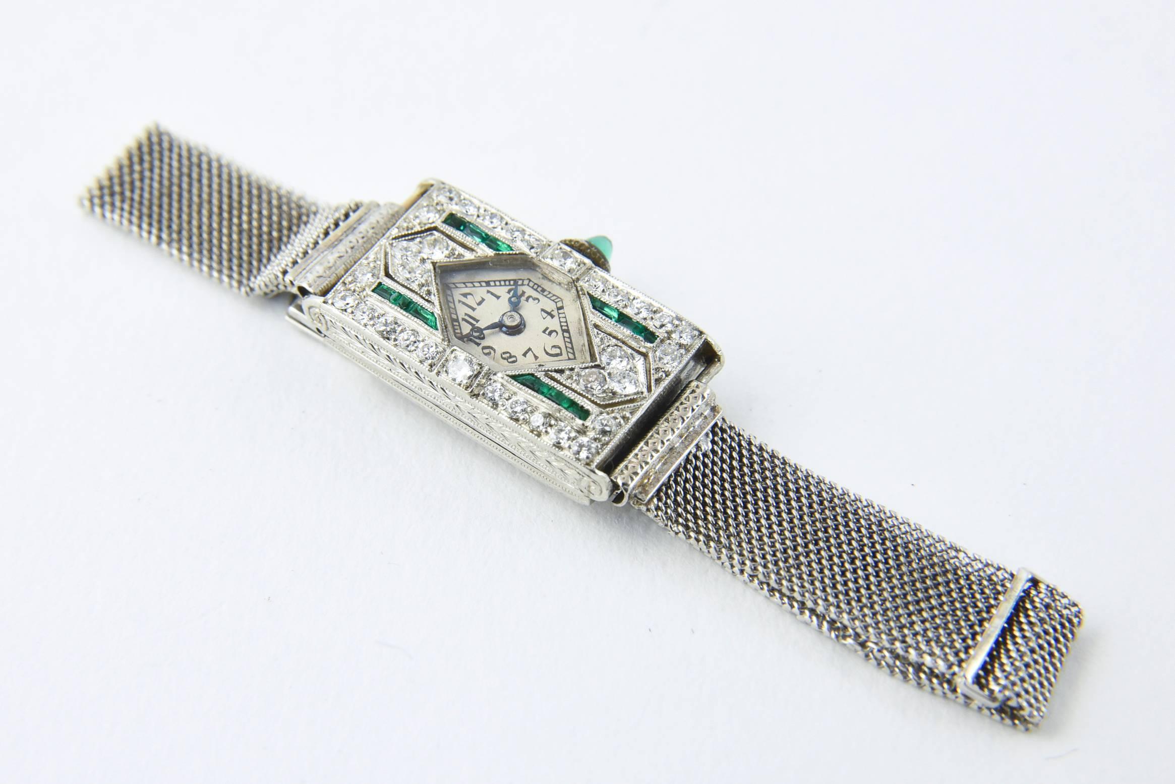 Women's or Men's Glycine Platinum Diamond Emerald Art Deco Wristwatch For Sale