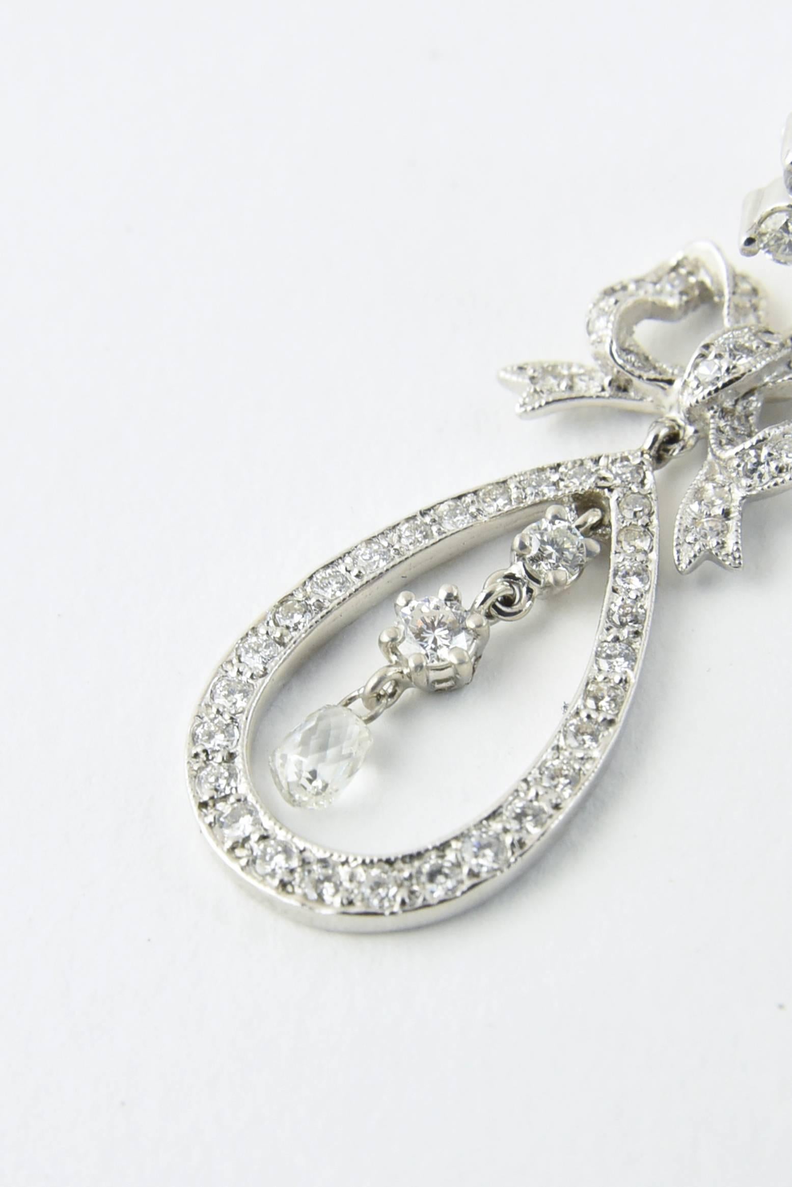 Belle Époque Style Diamond Bow and Flower Dangling White Gold Earrings In New Condition For Sale In Miami Beach, FL