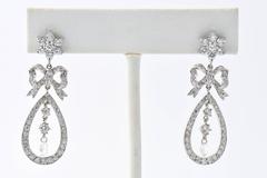 Belle Époque Style Diamond Bow and Flower Dangling White Gold Earrings