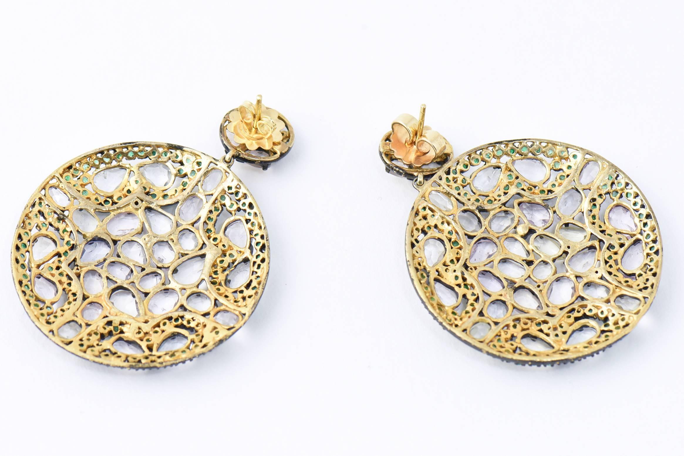 Women's Green Tsavorite White Topaz and Diamond Silver Dangle Earrings with Gold Post