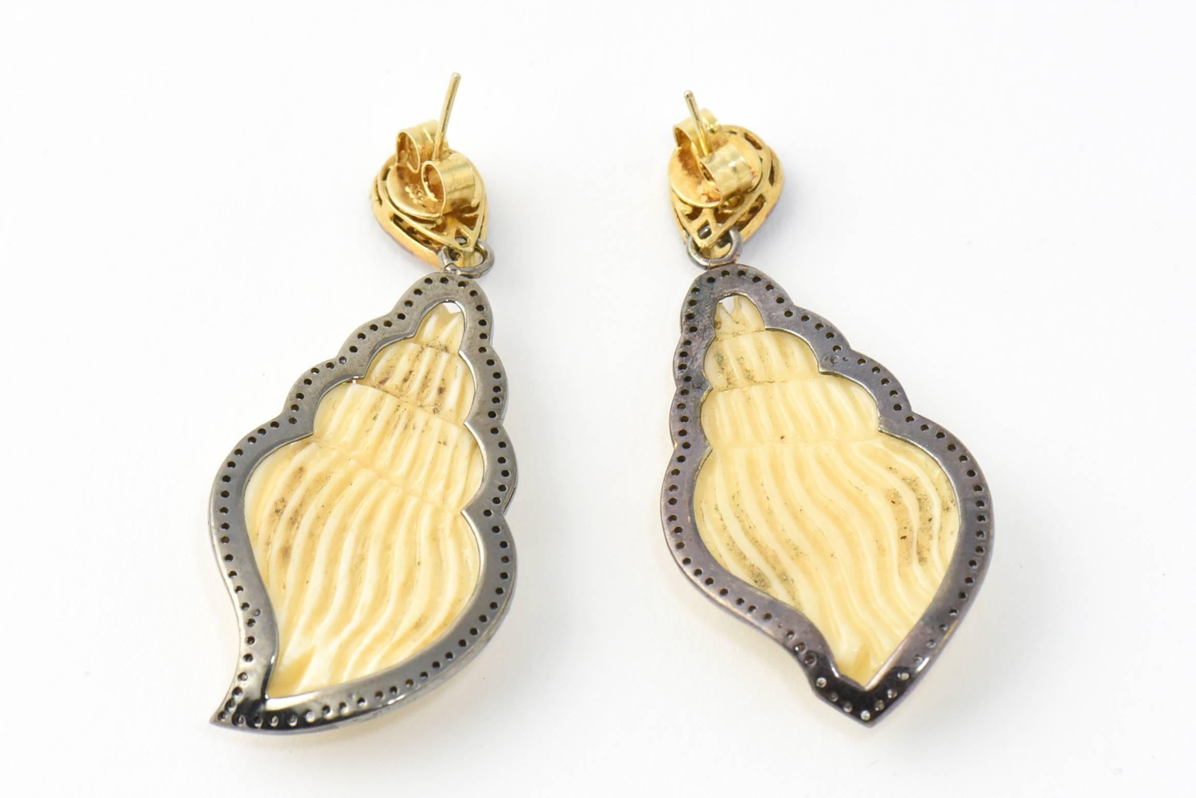 Long Carved Bone Shells and Diamond Dangling Earrings In Excellent Condition In Miami Beach, FL