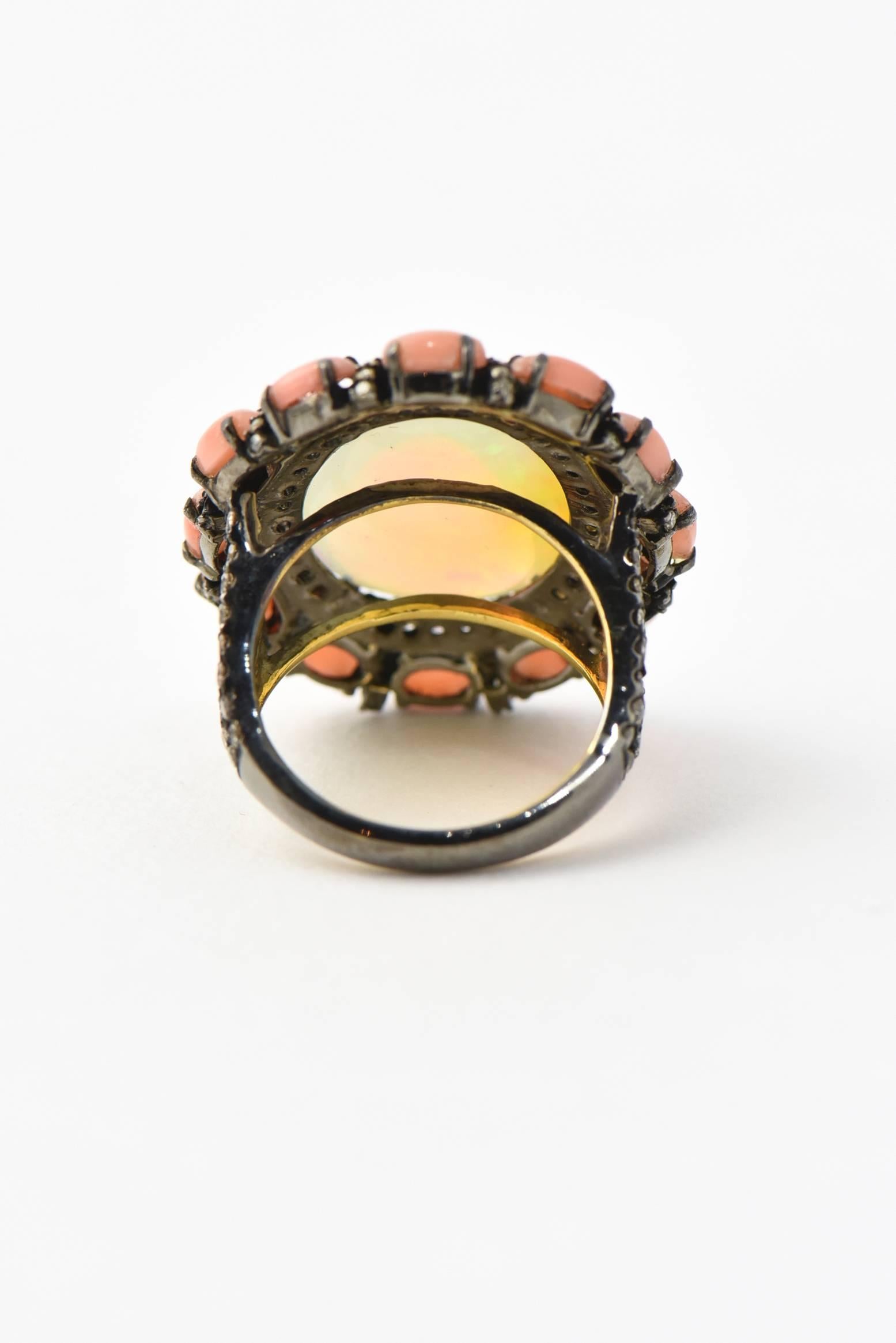 Crystal Opal, Coral and Diamond Cocktail Statement Ring In Excellent Condition For Sale In Miami Beach, FL
