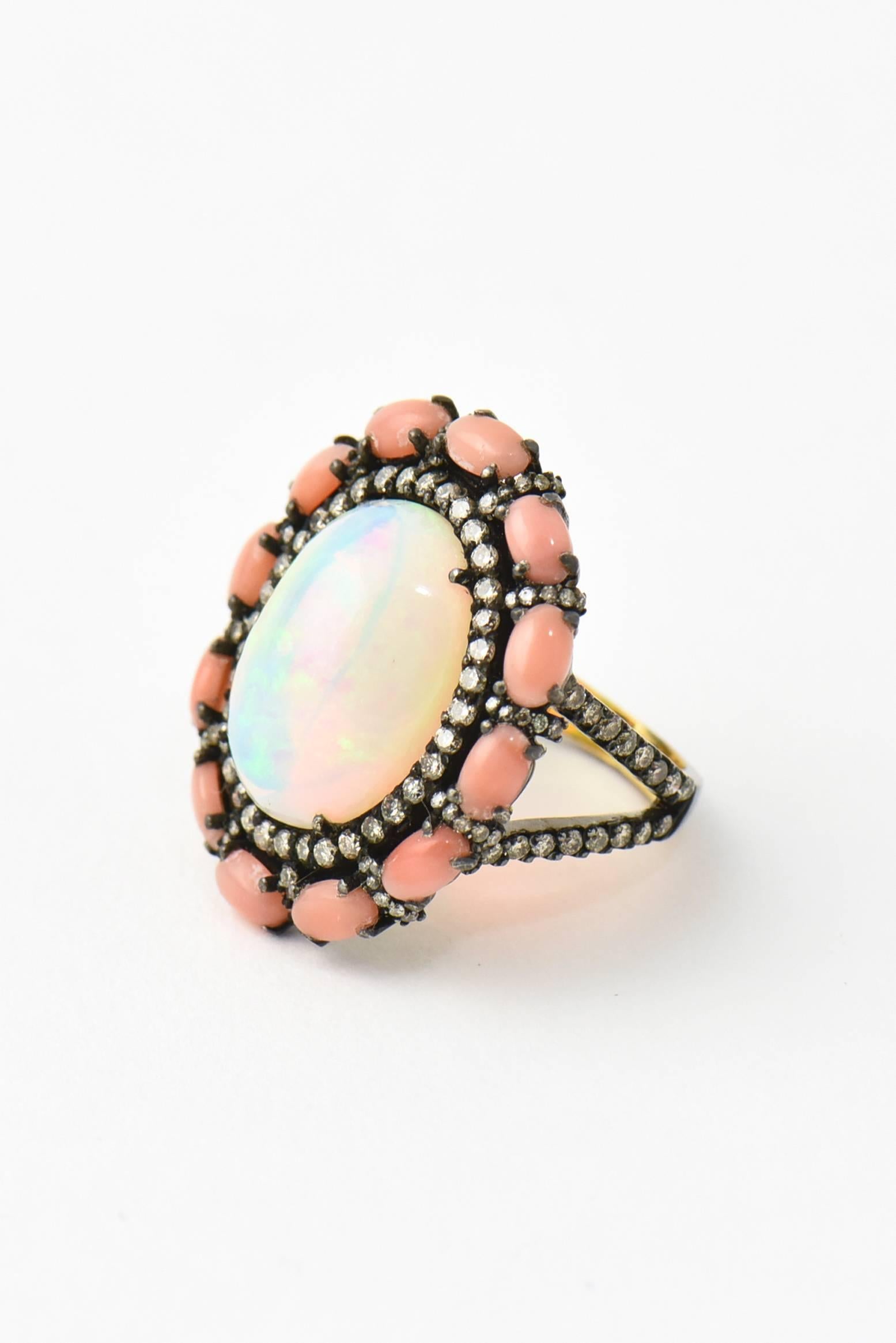 Crystal Opal, Coral and Diamond Cocktail Statement Ring For Sale 1