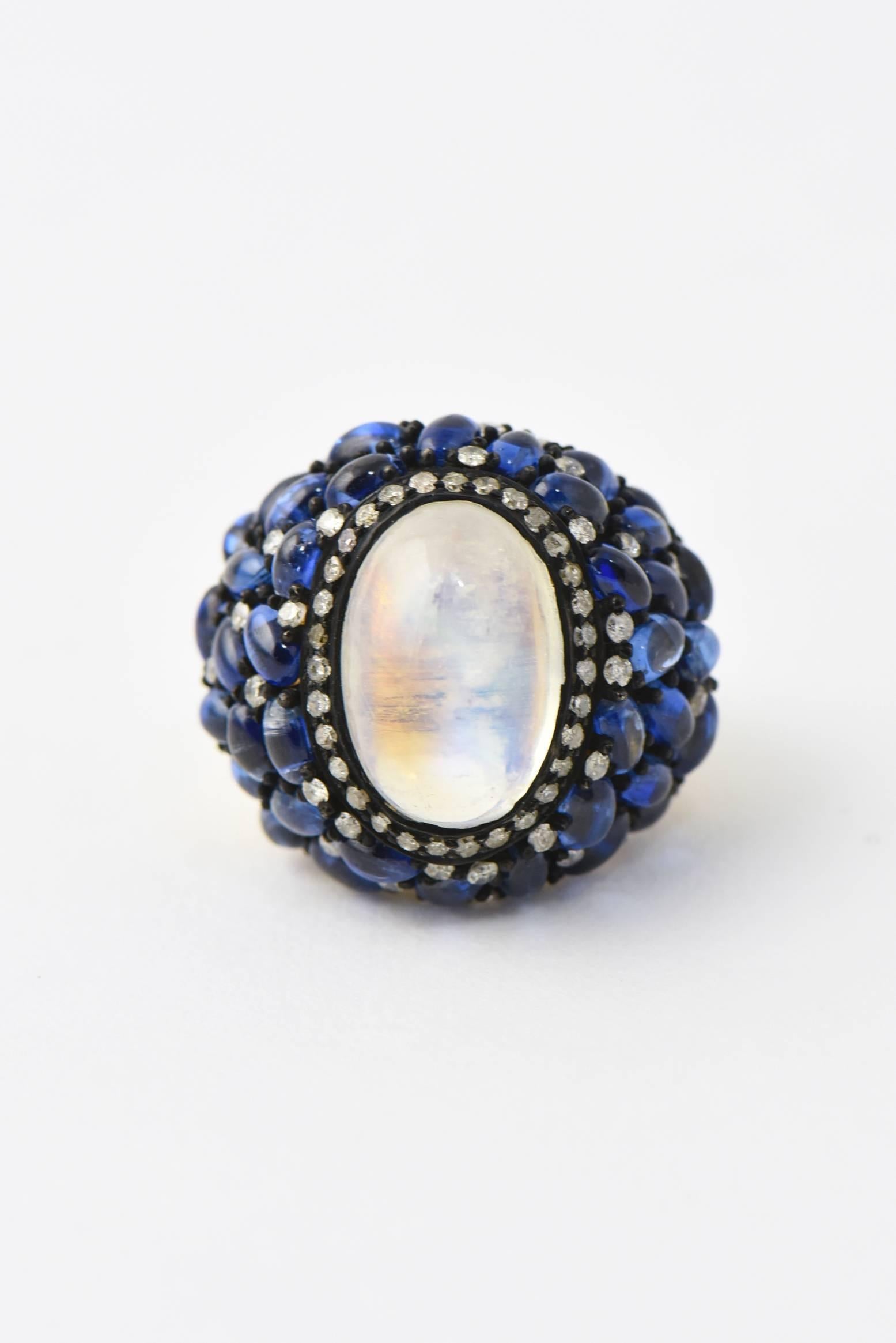 Contemporary Moonstone Kyanite Diamond Vermeil Statement Ring For Sale
