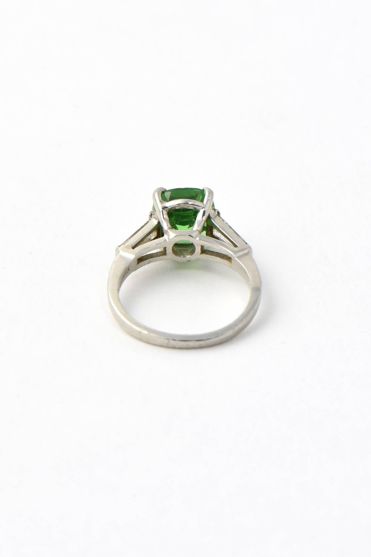 Women's or Men's Cushion Shaped 2.78 Carat Tsavorite Garnet Diamond Platinum Ring For Sale