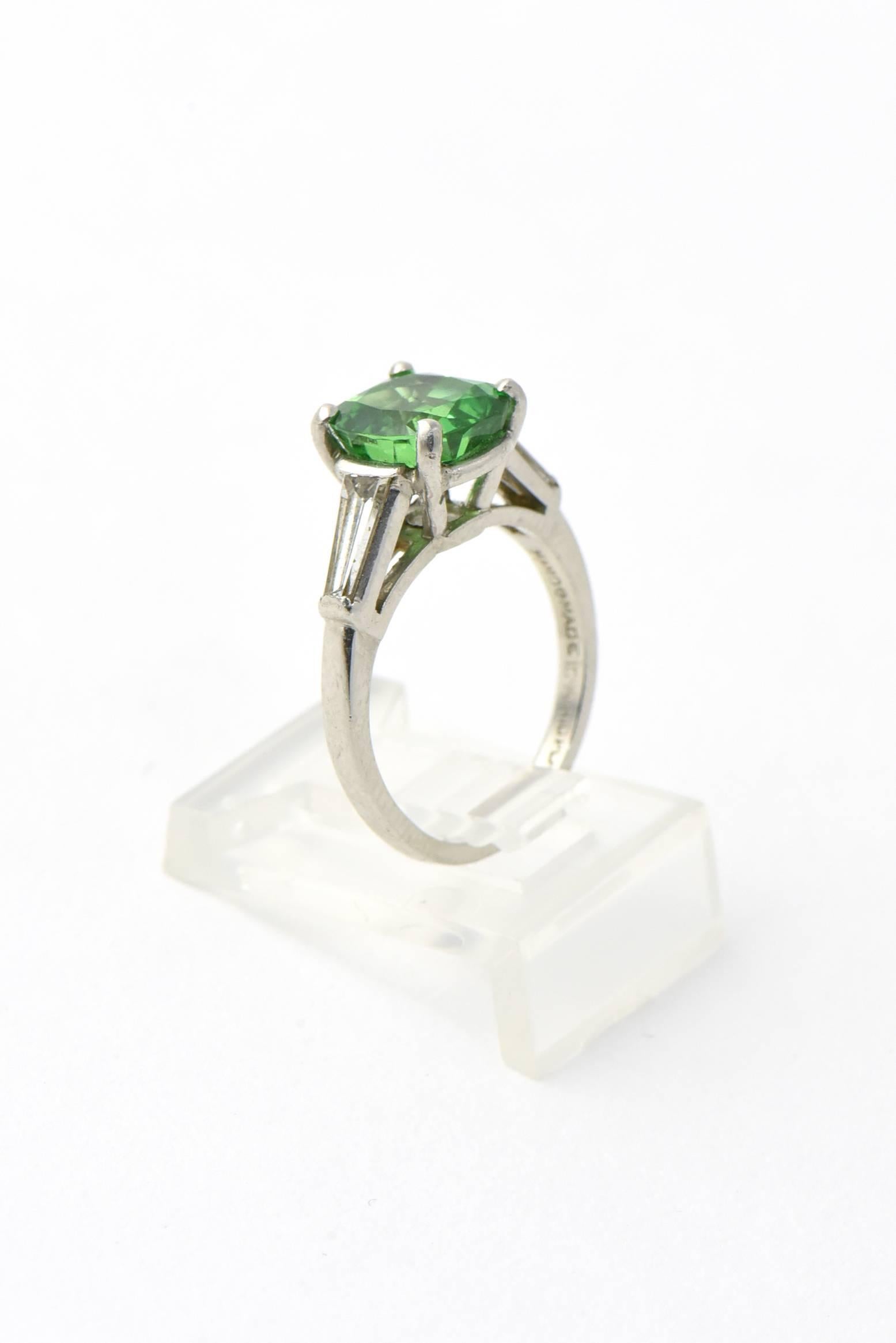 Cushion Shaped 2.78 Carat Tsavorite Garnet Diamond Platinum Ring For Sale 2