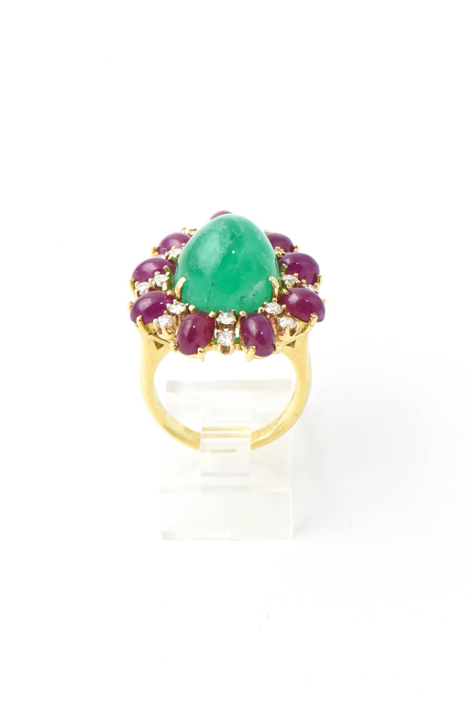 Emerald Ruby Diamond Gold Statement Ring In Excellent Condition For Sale In Miami Beach, FL