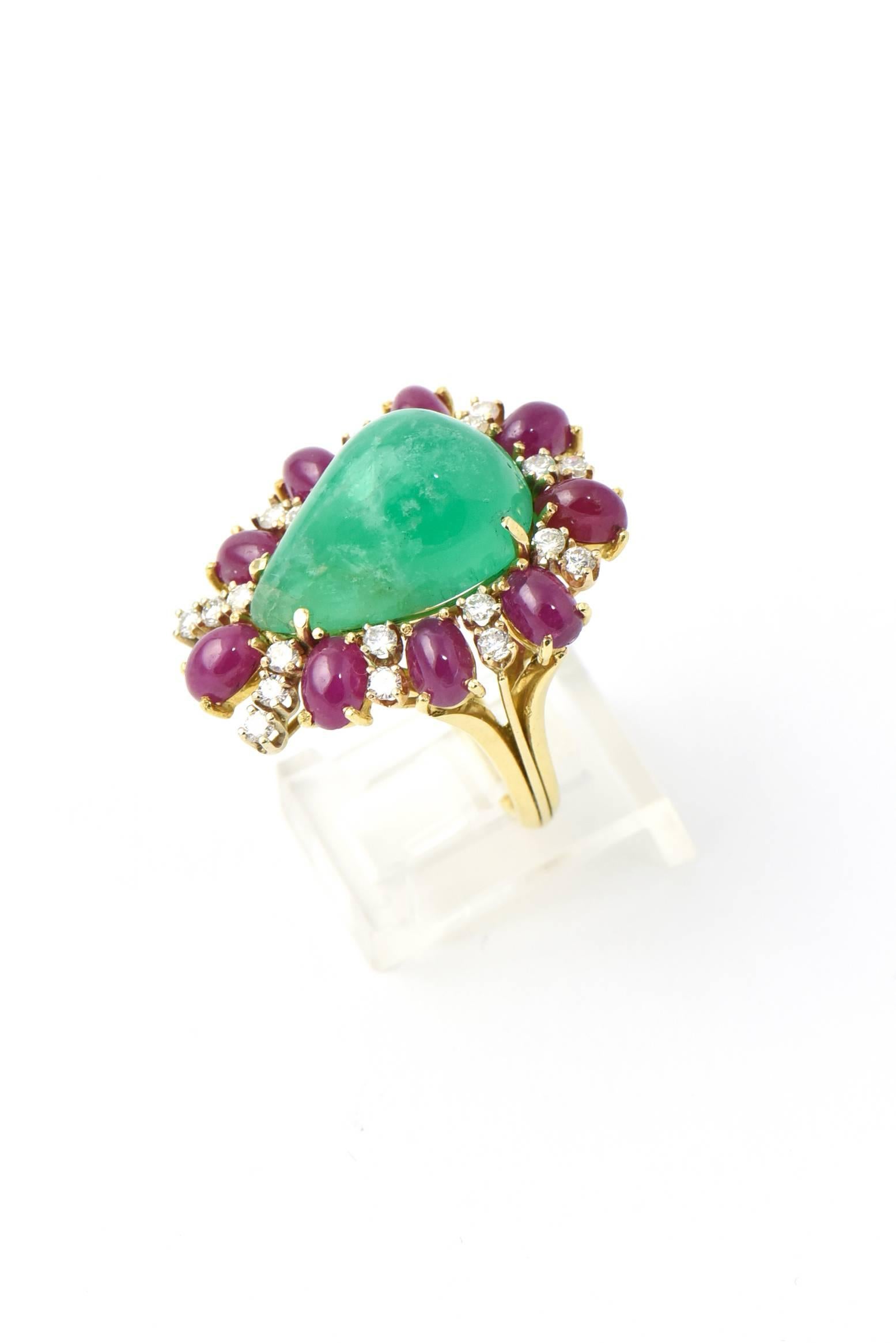 Women's Emerald Ruby Diamond Gold Statement Ring For Sale