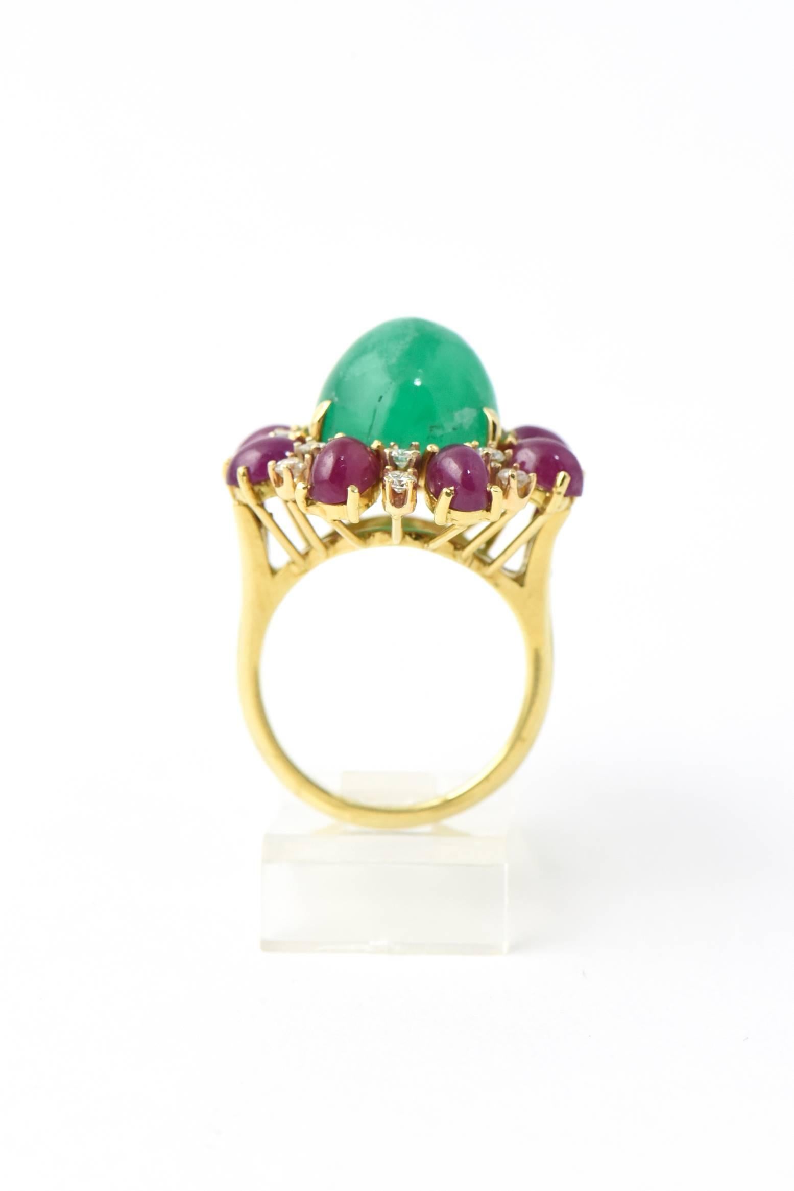 Emerald Ruby Diamond Gold Statement Ring For Sale 2