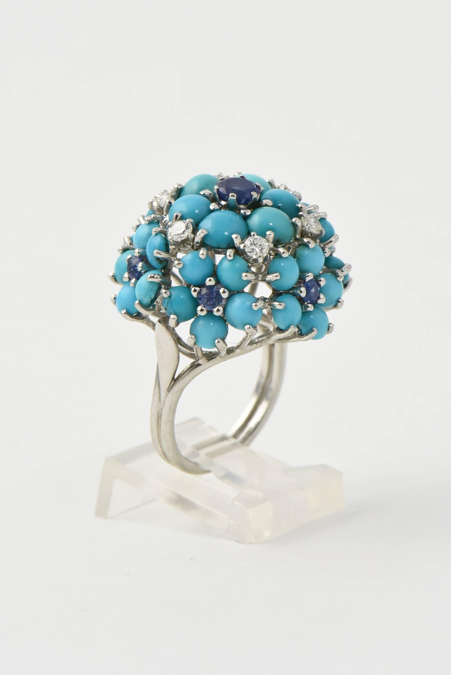 Women's Mid 20th Century Sapphire, Turquoise and Diamond Gold Flower Dome Cocktail Ring