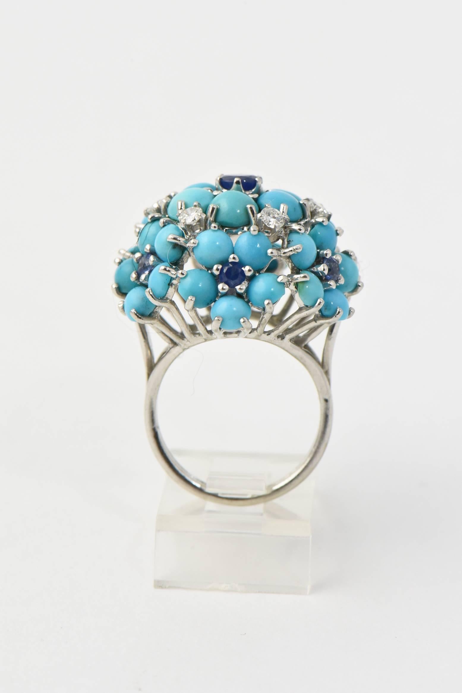 Mid 20th Century Sapphire, Turquoise and Diamond Gold Flower Dome Cocktail Ring 1