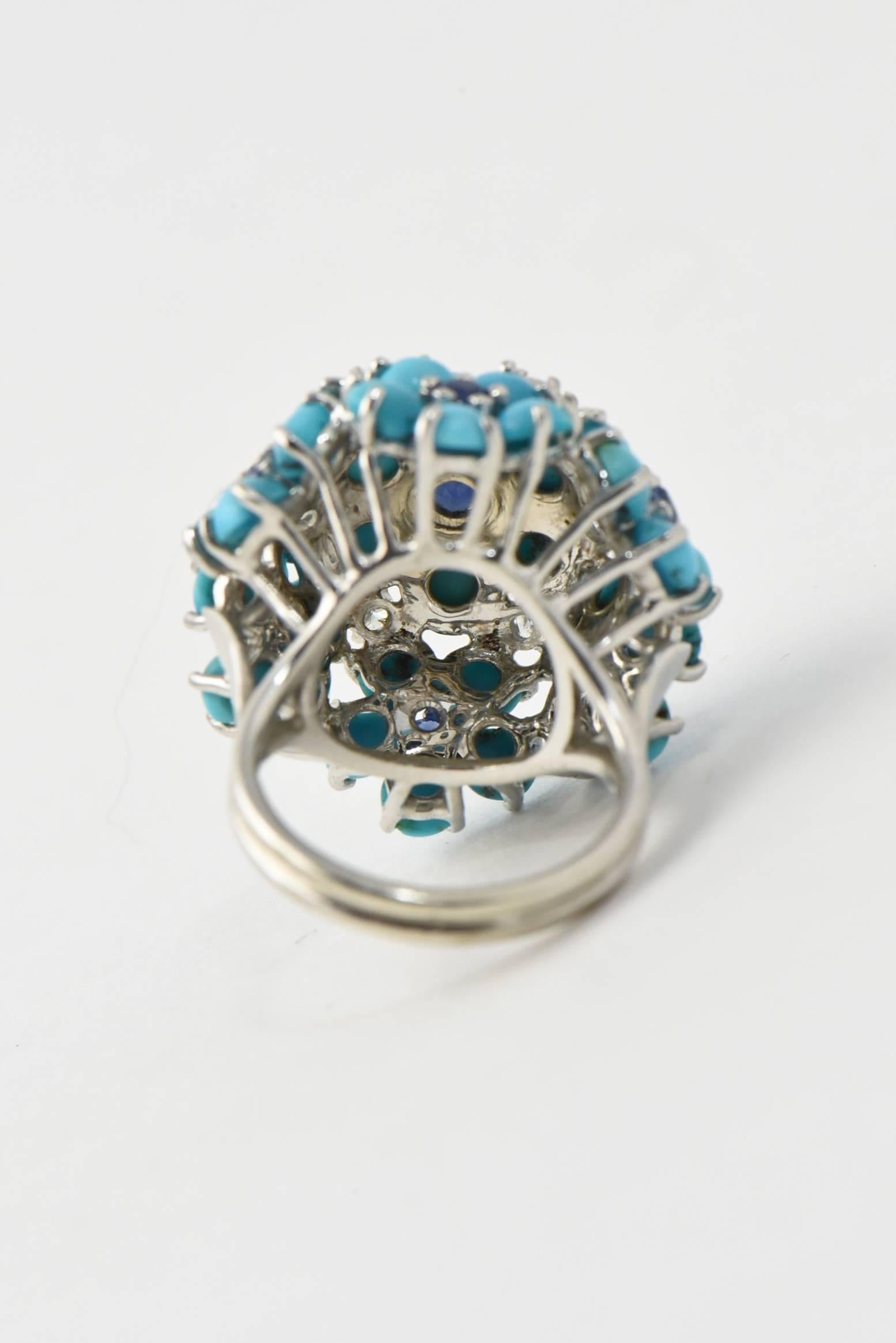 Mid 20th Century Sapphire, Turquoise and Diamond Gold Flower Dome Cocktail Ring 2