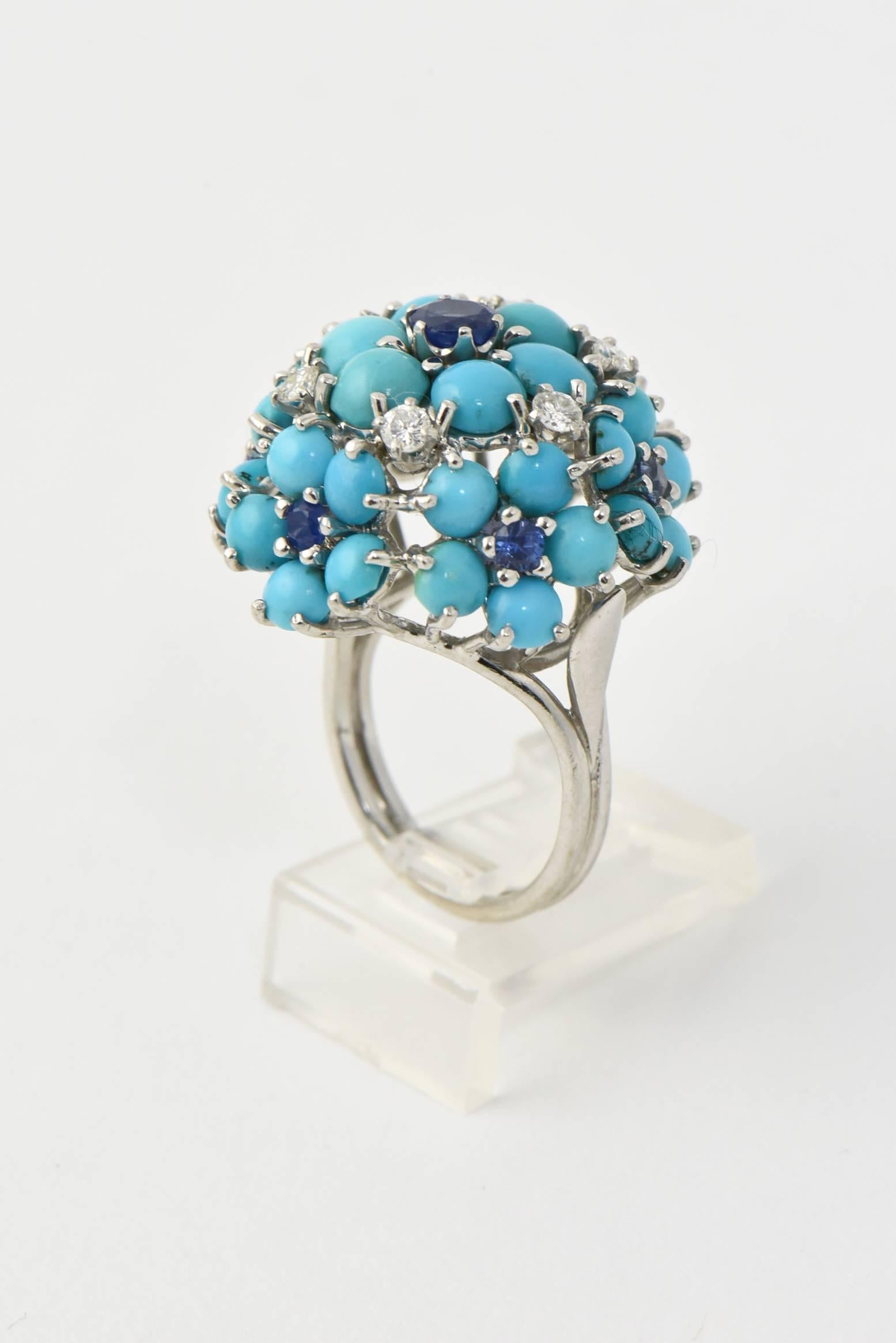 Mid 20th Century Sapphire, Turquoise and Diamond Gold Flower Dome Cocktail Ring 3