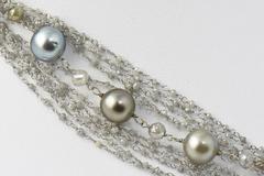 Custom Made 32" Long Gray Pearl and Diamond Bead Sterling Gold Necklace