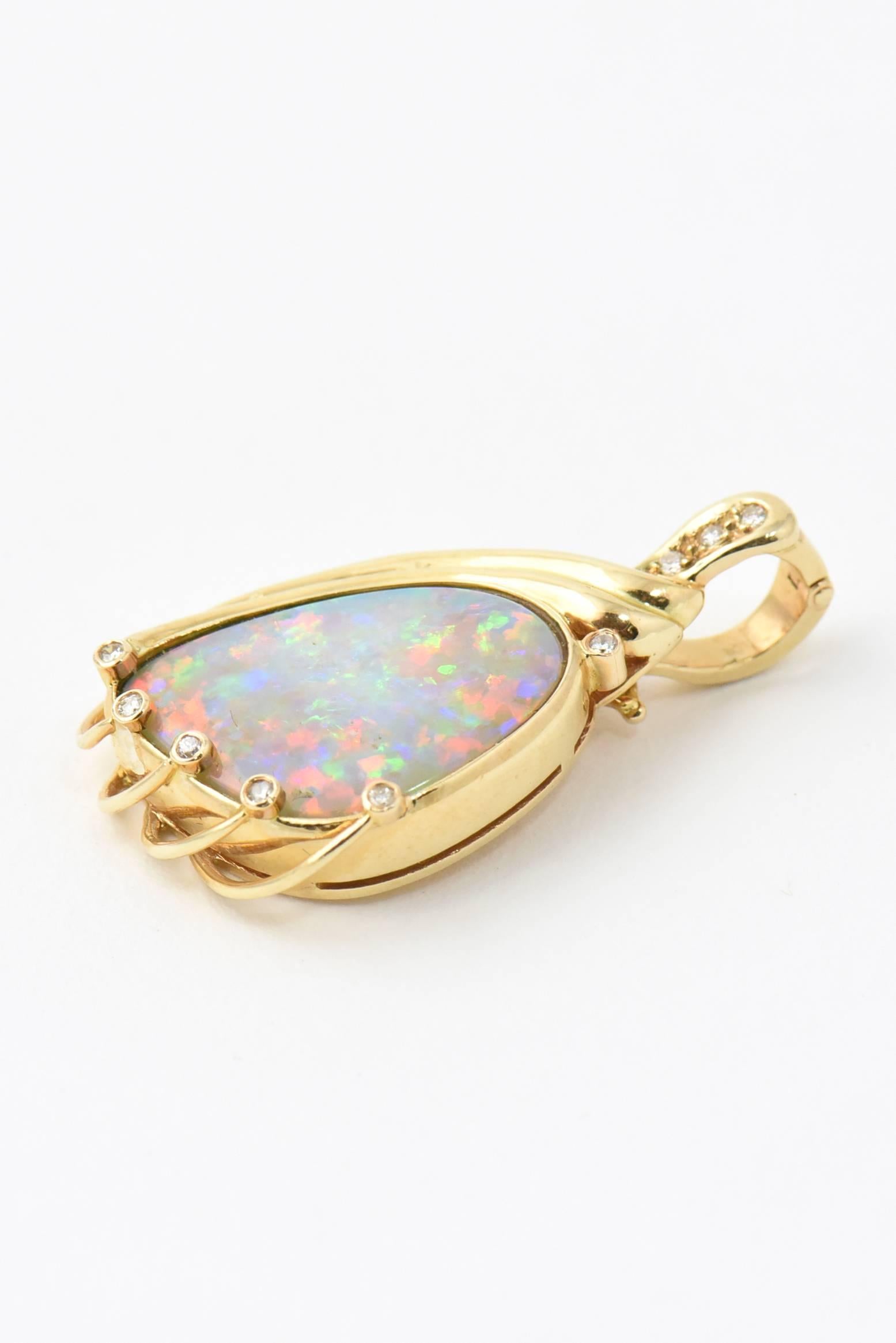 Intense Color Australian Semi Black / Grey Crystal Opal, Diamond & Gold Pendant In Excellent Condition In Miami Beach, FL