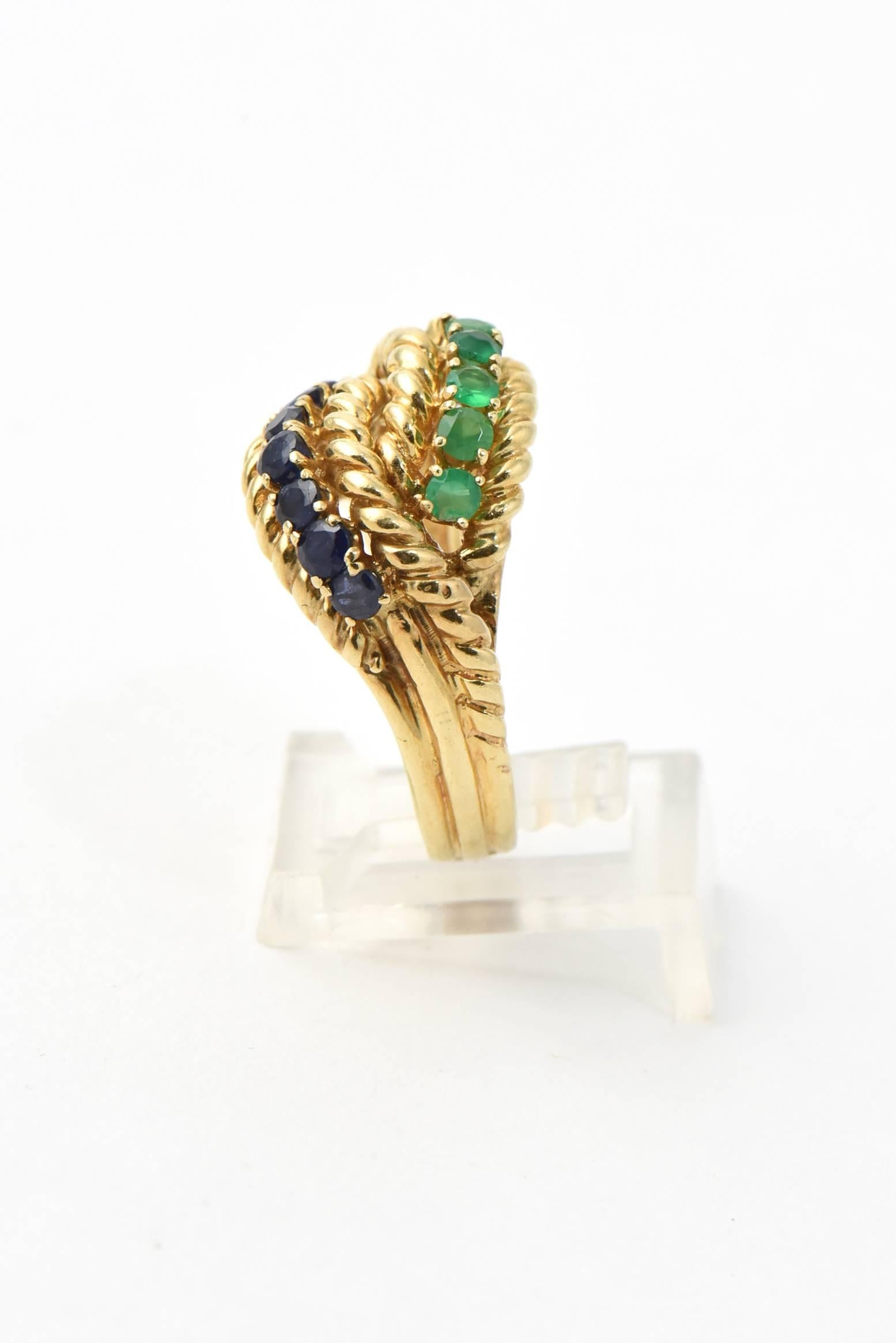 Women's 1960s Emerald Sapphire Twisted Rope Gold Ring