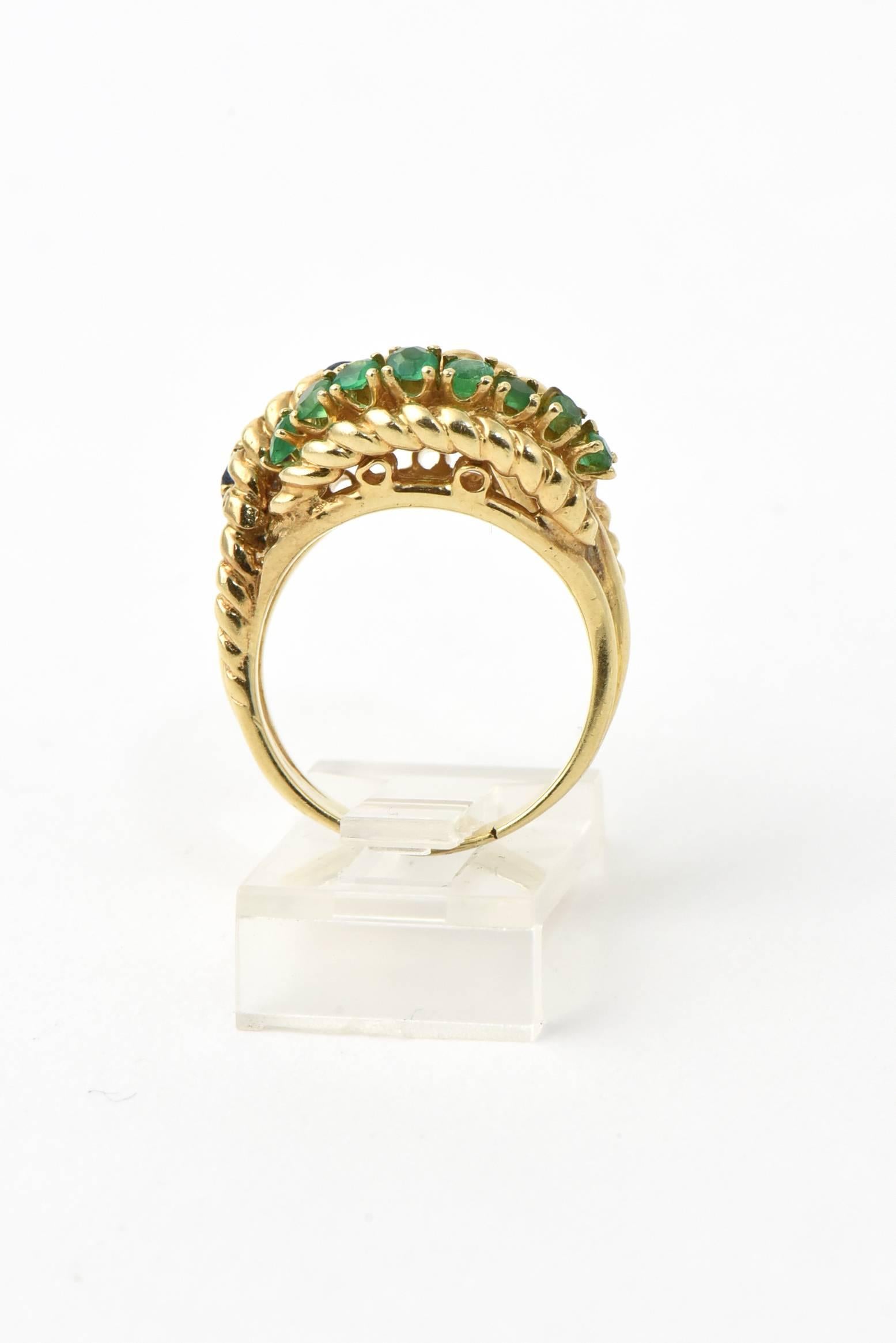 1960s Emerald Sapphire Twisted Rope Gold Ring 1