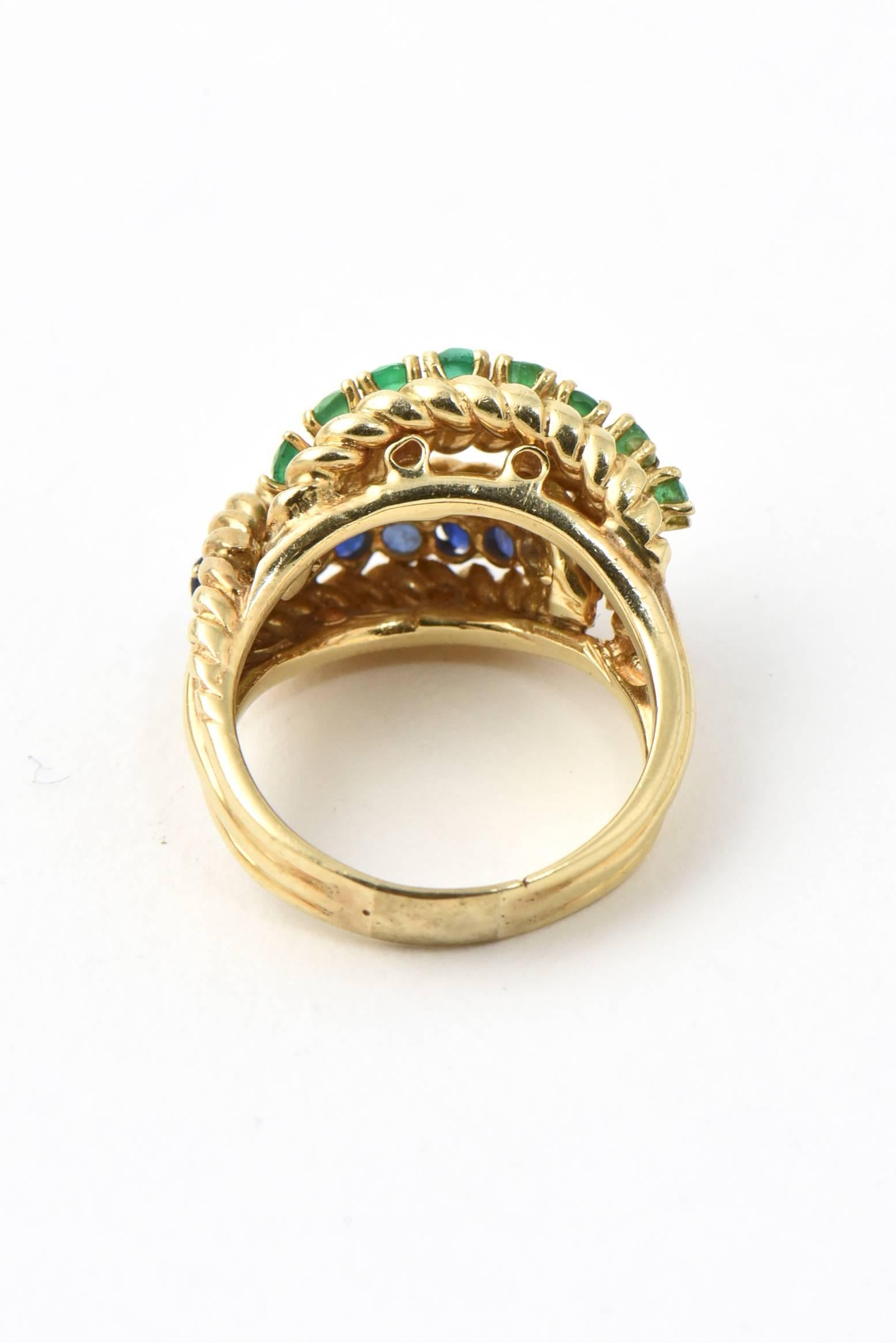 1960s Emerald Sapphire Twisted Rope Gold Ring 2