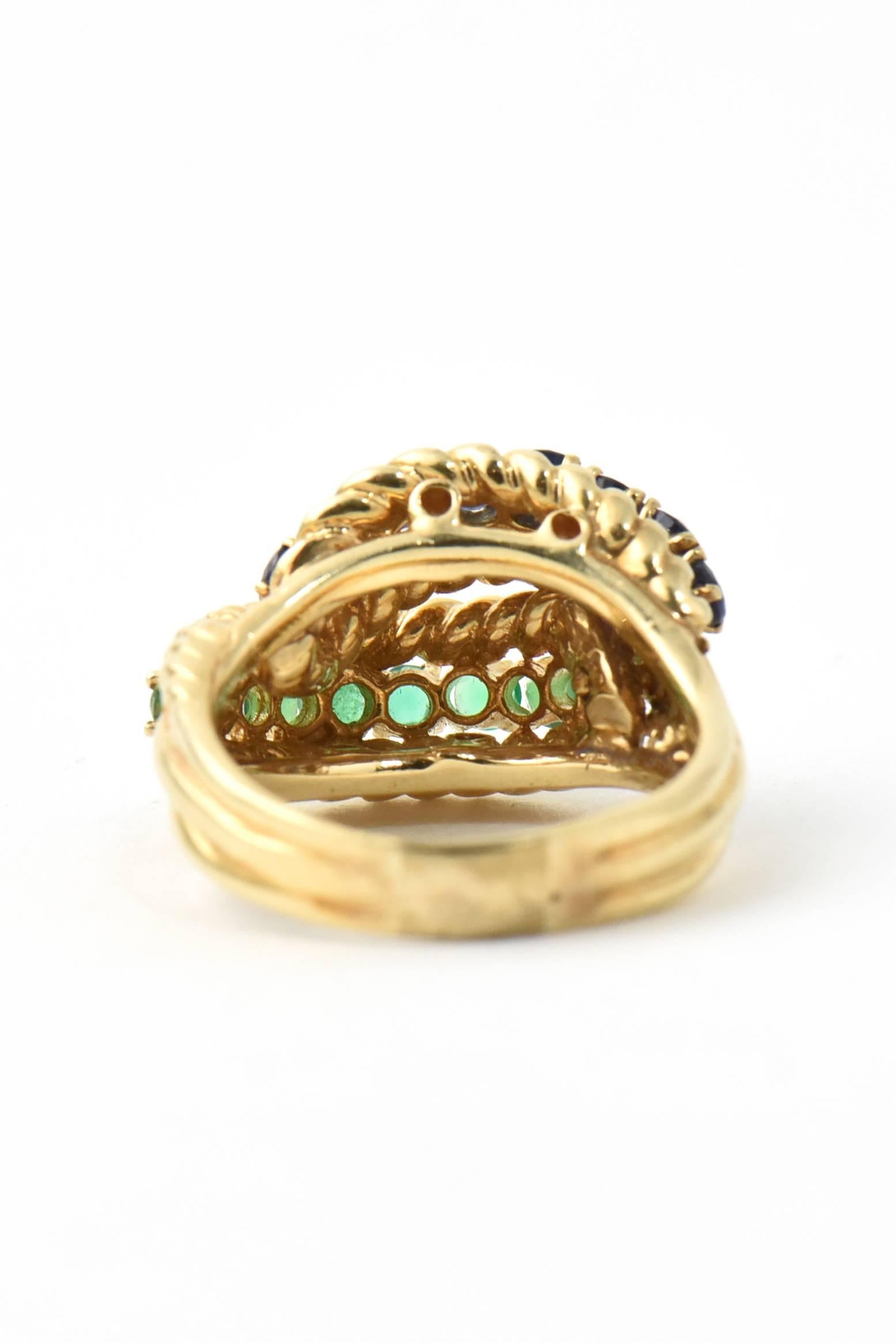 1960s Emerald Sapphire Twisted Rope Gold Ring 3