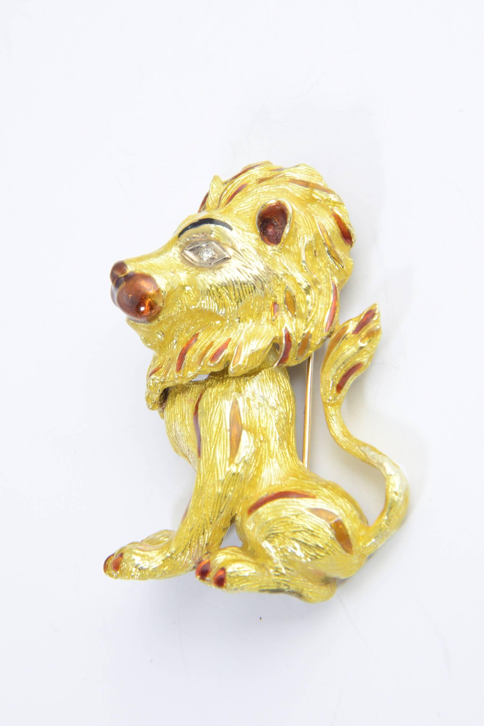 Round Cut 1960s Whimsical Enamel Diamond Yellow Gold Lion Leo Brooch Pin For Sale