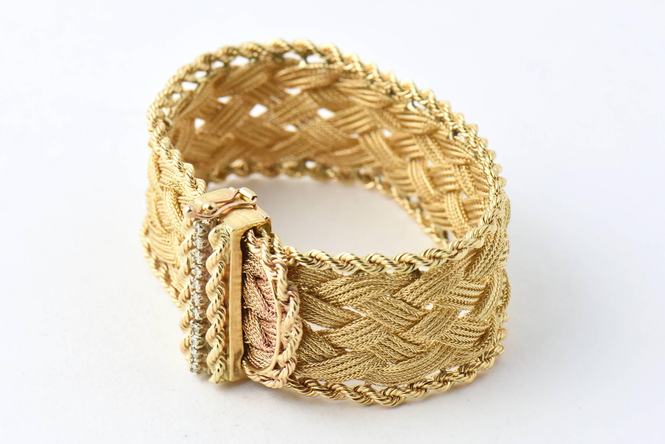 Round Cut Mid-20th Century Braided Yellow Gold and Diamond Buckle Bracelet