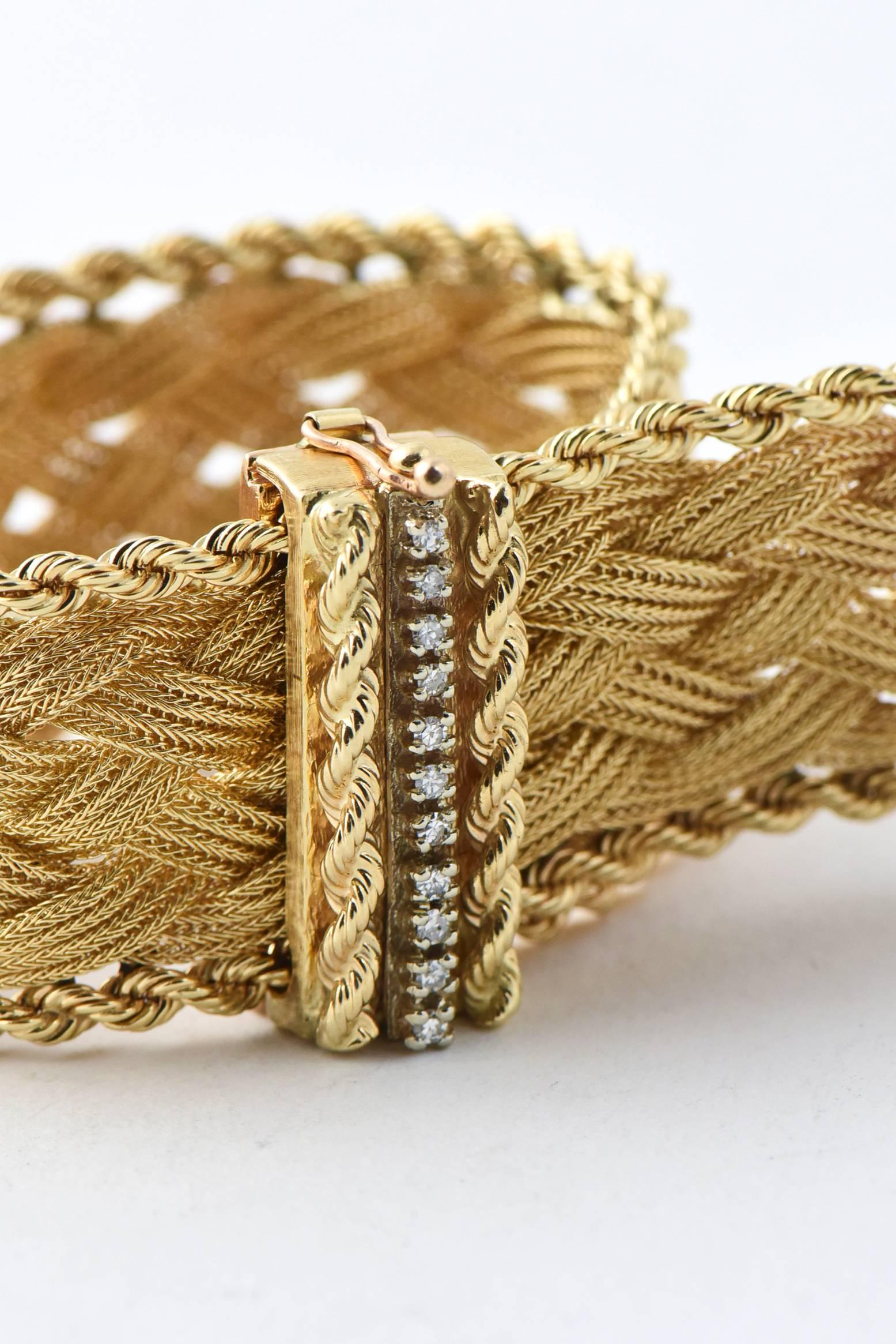 Mid-20th Century Braided Yellow Gold and Diamond Buckle Bracelet 1