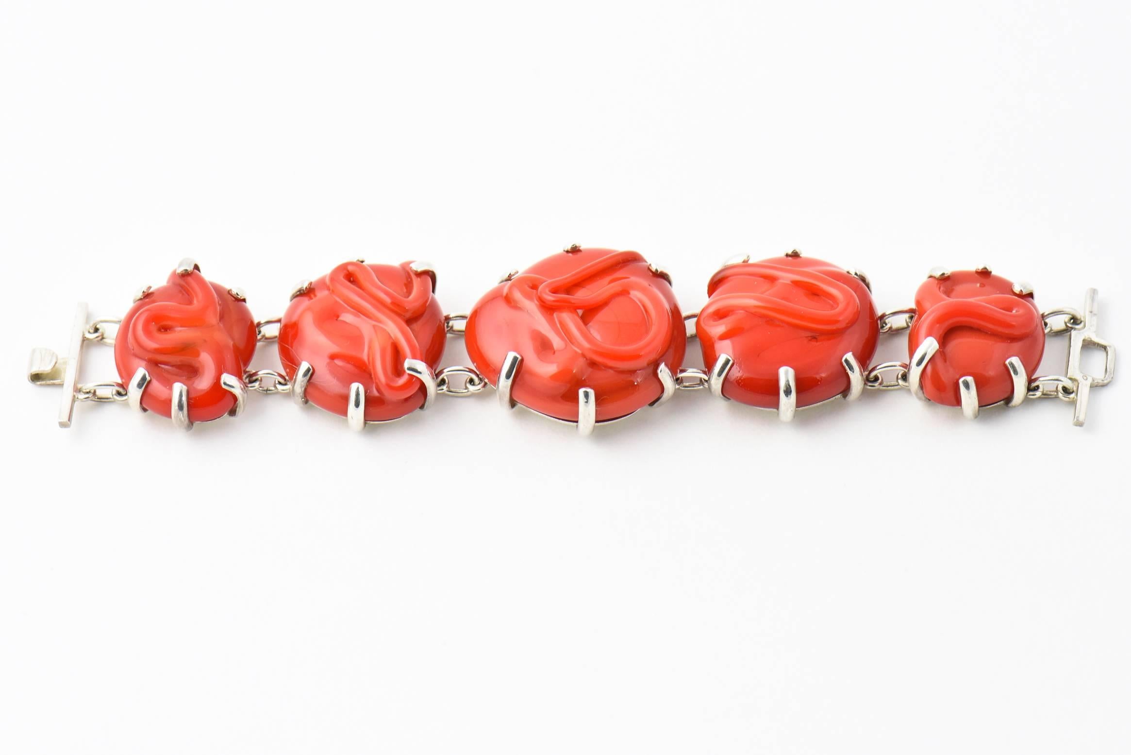 Coral Glass & Sterling Set - Earrings, Necklace & Bracelet by Marquita Masterson In Excellent Condition In Miami Beach, FL