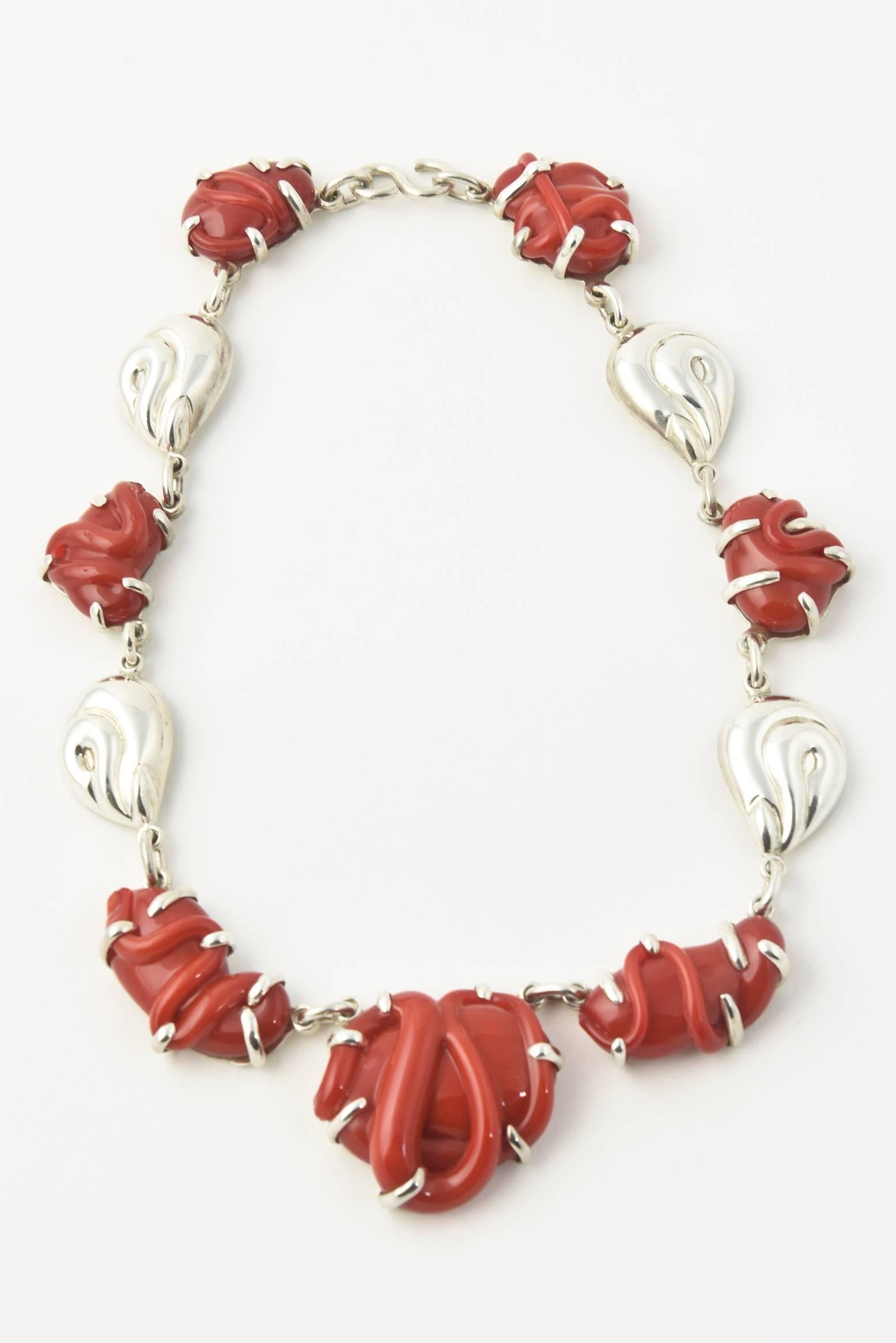 Coral Glass & Sterling Set - Earrings, Necklace & Bracelet by Marquita Masterson 1