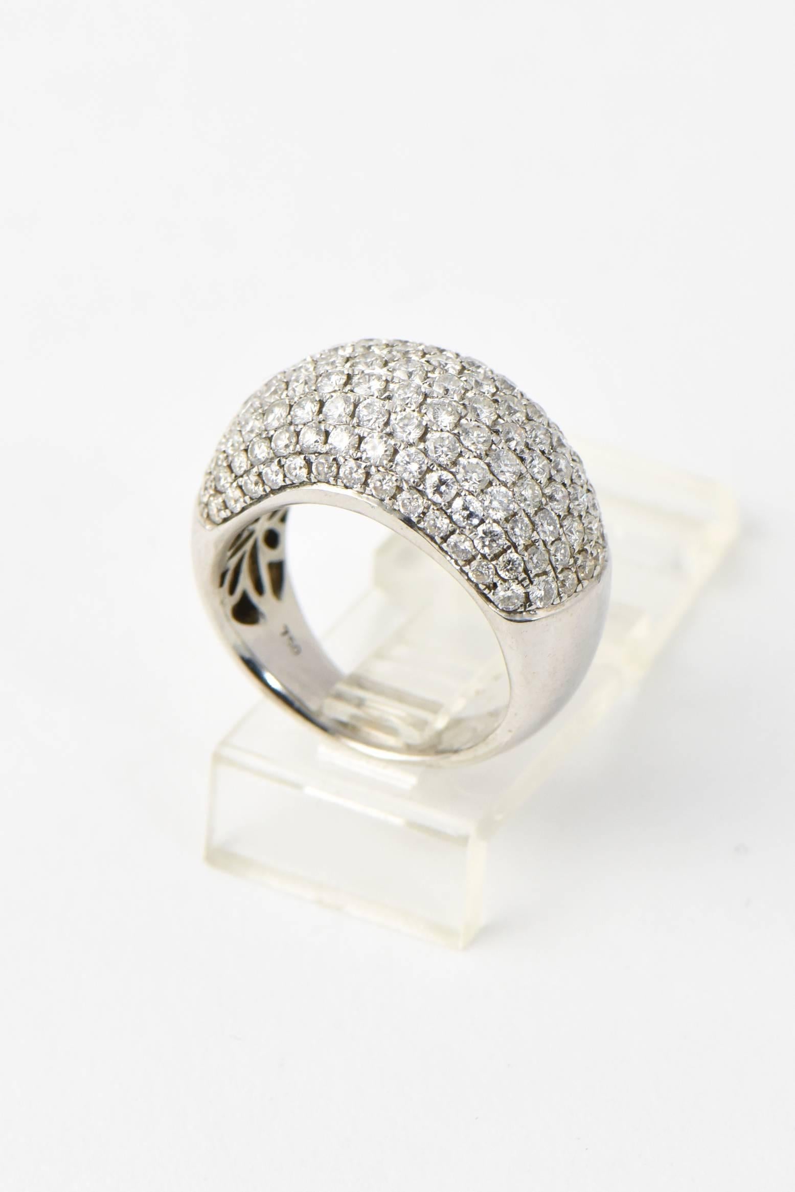 Fine 18k white gold bombe dome ring with pave melee white round brilliant cut diamonds featuring an approximate total carat weight of 3.75 ct.

US size 5 3/4-6 - it can be sized a little bit.
