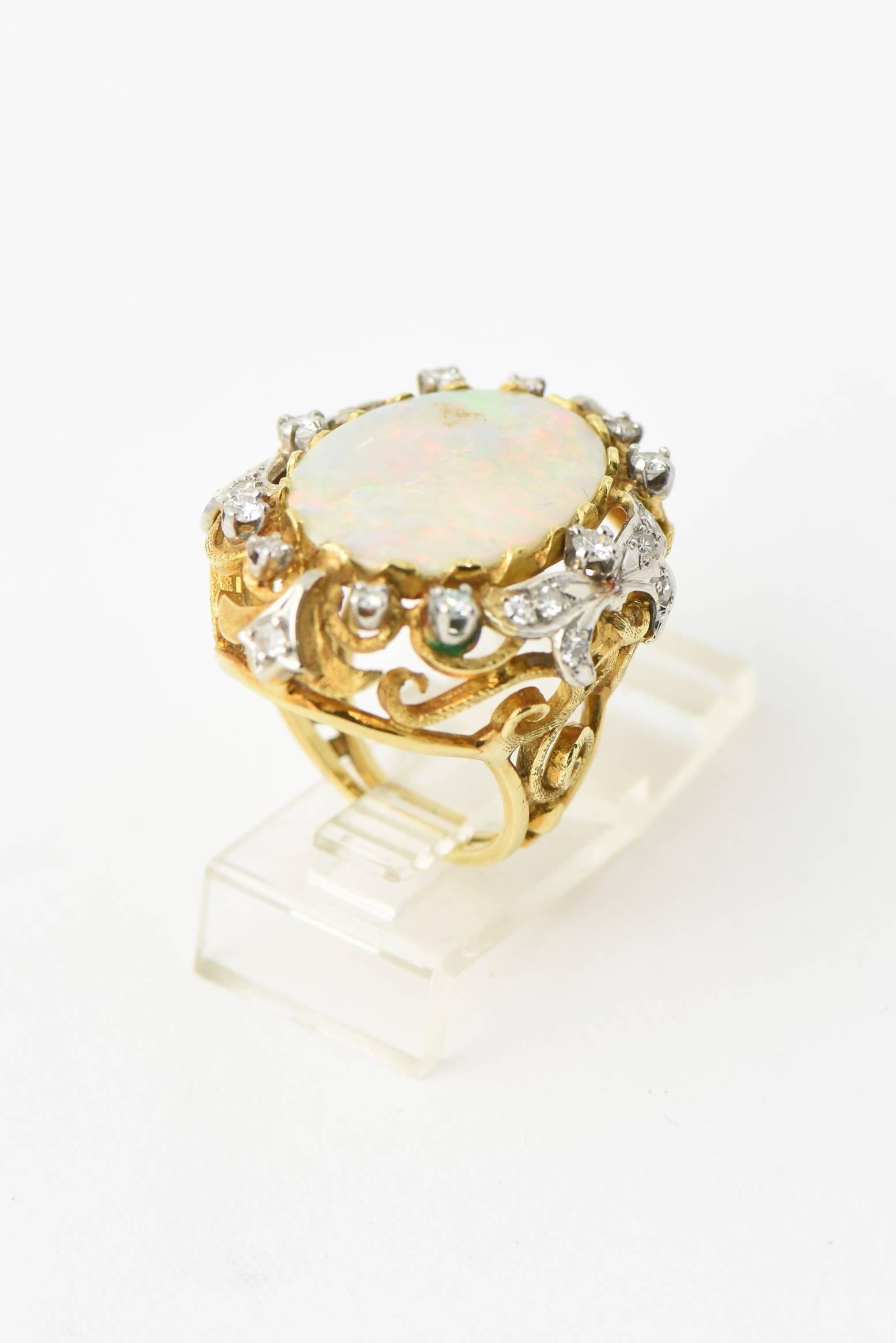 Oval Cut Mid-20th Century Fine Australian Gray Opal Diamond Gold Cocktail Statement Ring For Sale