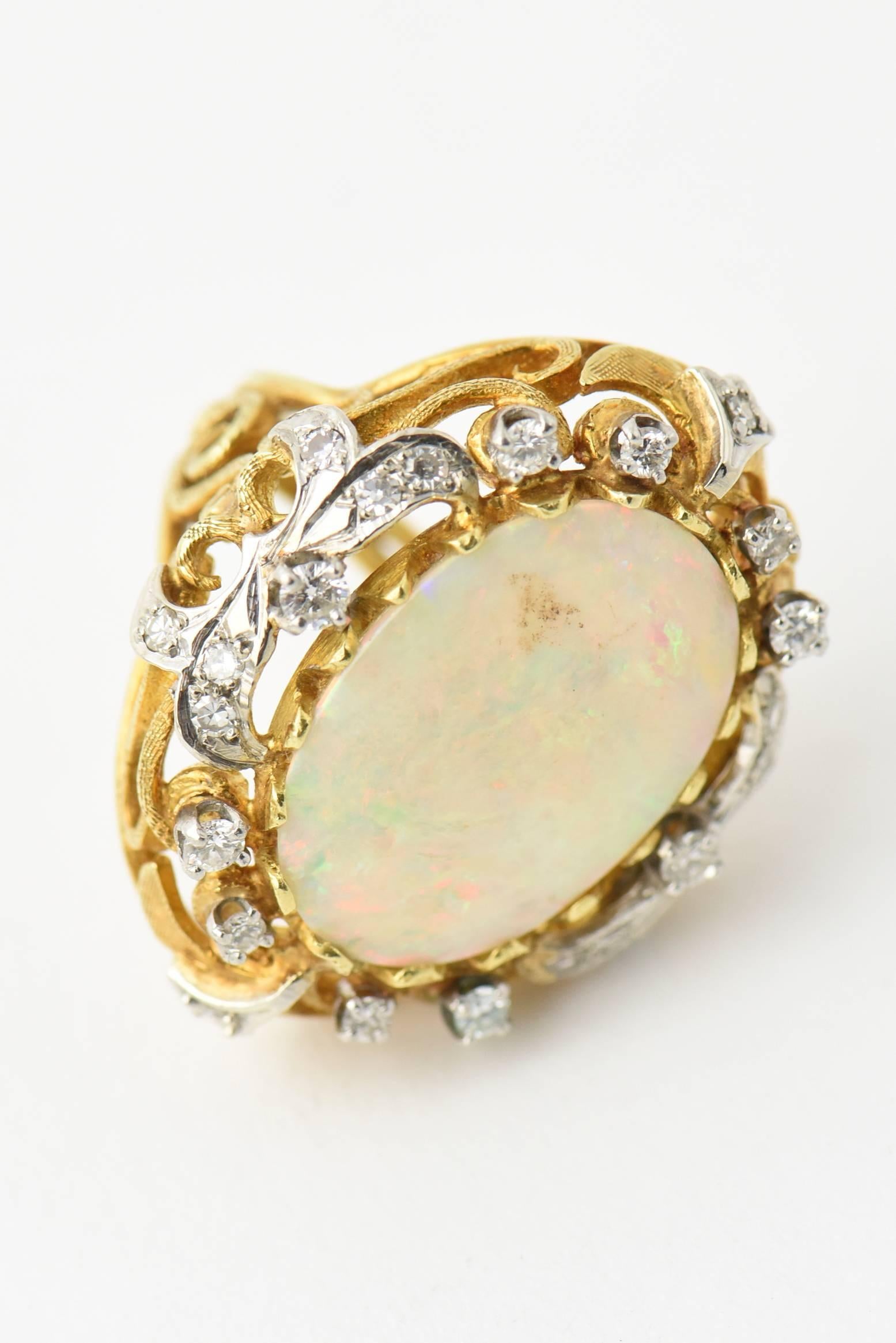 Mid-20th Century Fine Australian Gray Opal Diamond Gold Cocktail Statement Ring For Sale 2