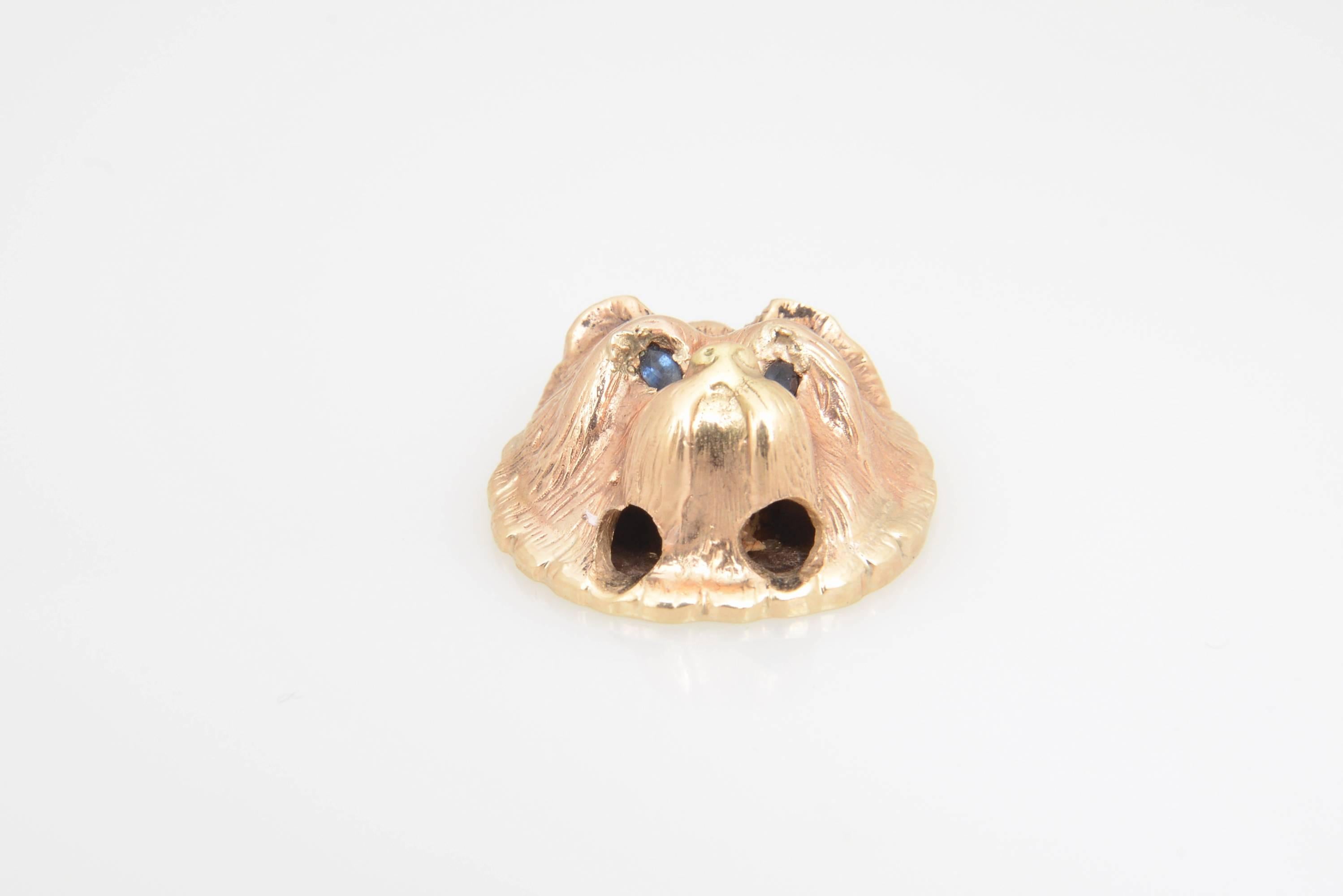 Victorian Sapphire Gold Dog's Head 'Yorkie or Maltese' Slide In Good Condition In Miami Beach, FL