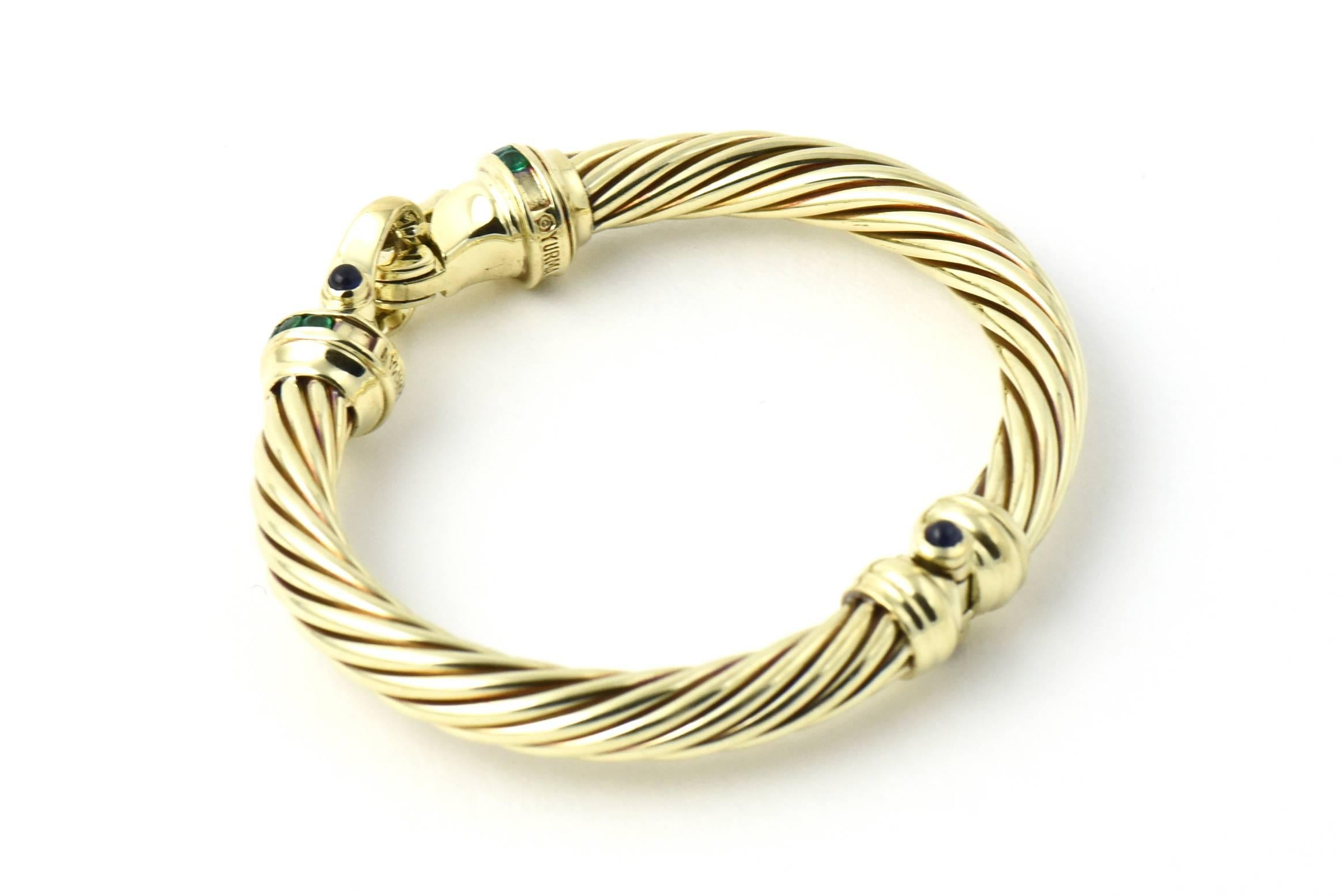 Women's David Yurman Cable Classic Buckle Bracelet with Emerald and Sapphire Gold Bangle