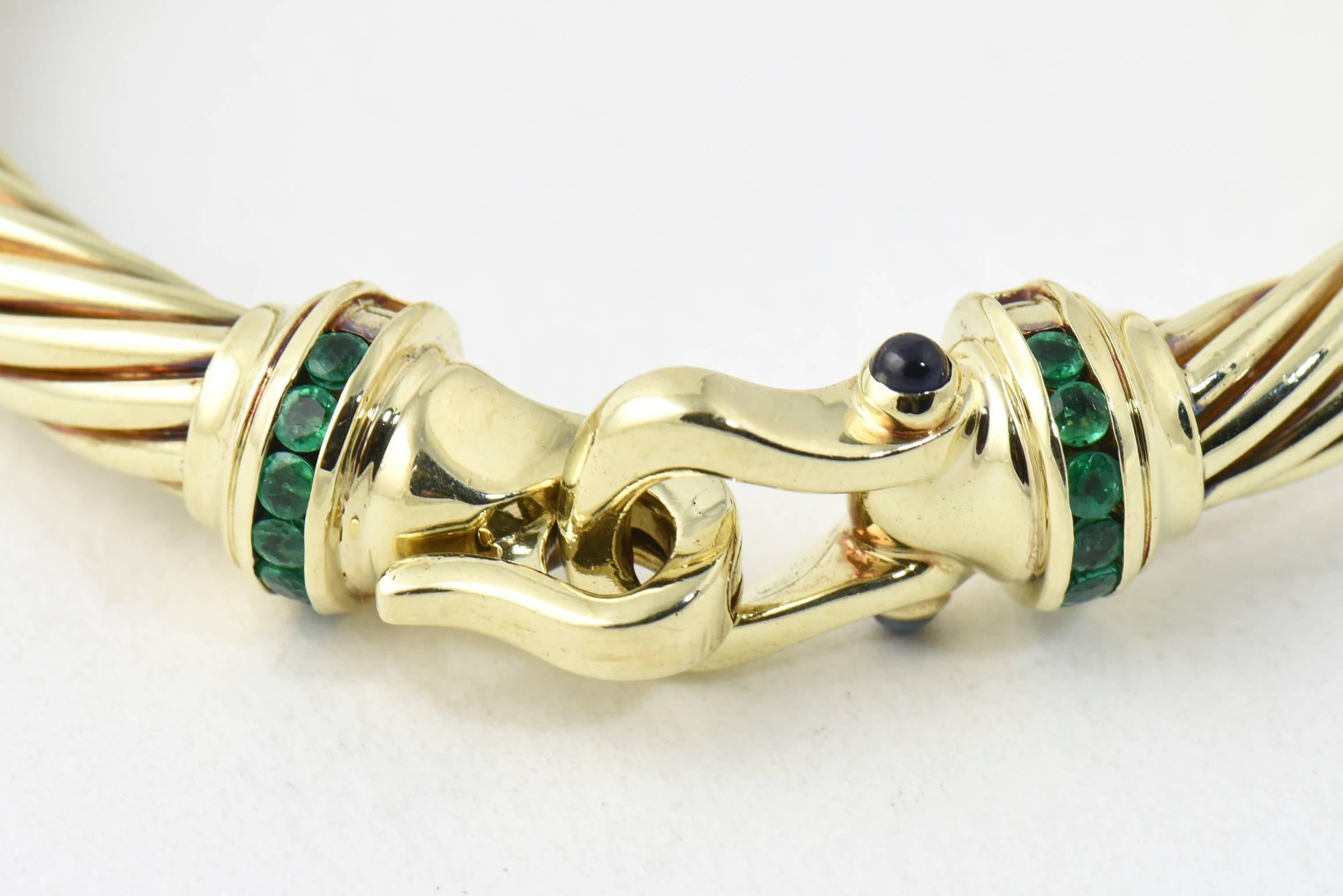 David Yurman Cable Classic Buckle Bracelet with Emerald and Sapphire Gold Bangle 2