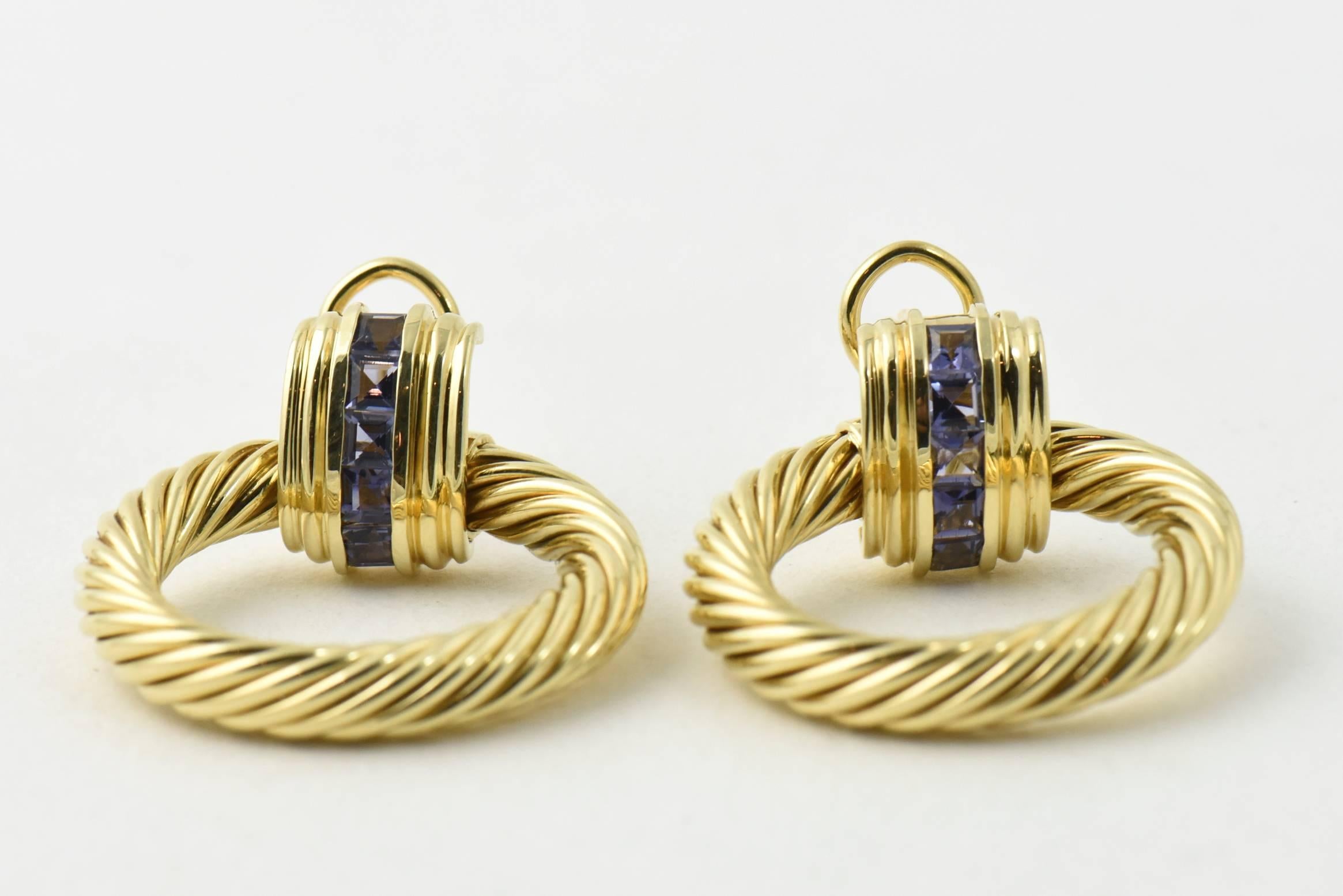 David Yurman Sapphire and Gold Cable Door Knocker Earrings with Detachable Hoops 3