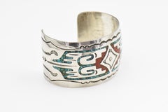 Gibson Gene Navajo Sterling Silver Turquoise & Coral Chip Inlay Cuff Bracelet