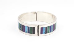 Taxco Mexican Gemstone Inlay Sterling Silver Hinged Bangle Bracelet 7.5"