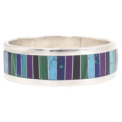 Taxco Mexican Gemstone Inlay Sterling Silver Hinged Bangle Bracelet 7.5"