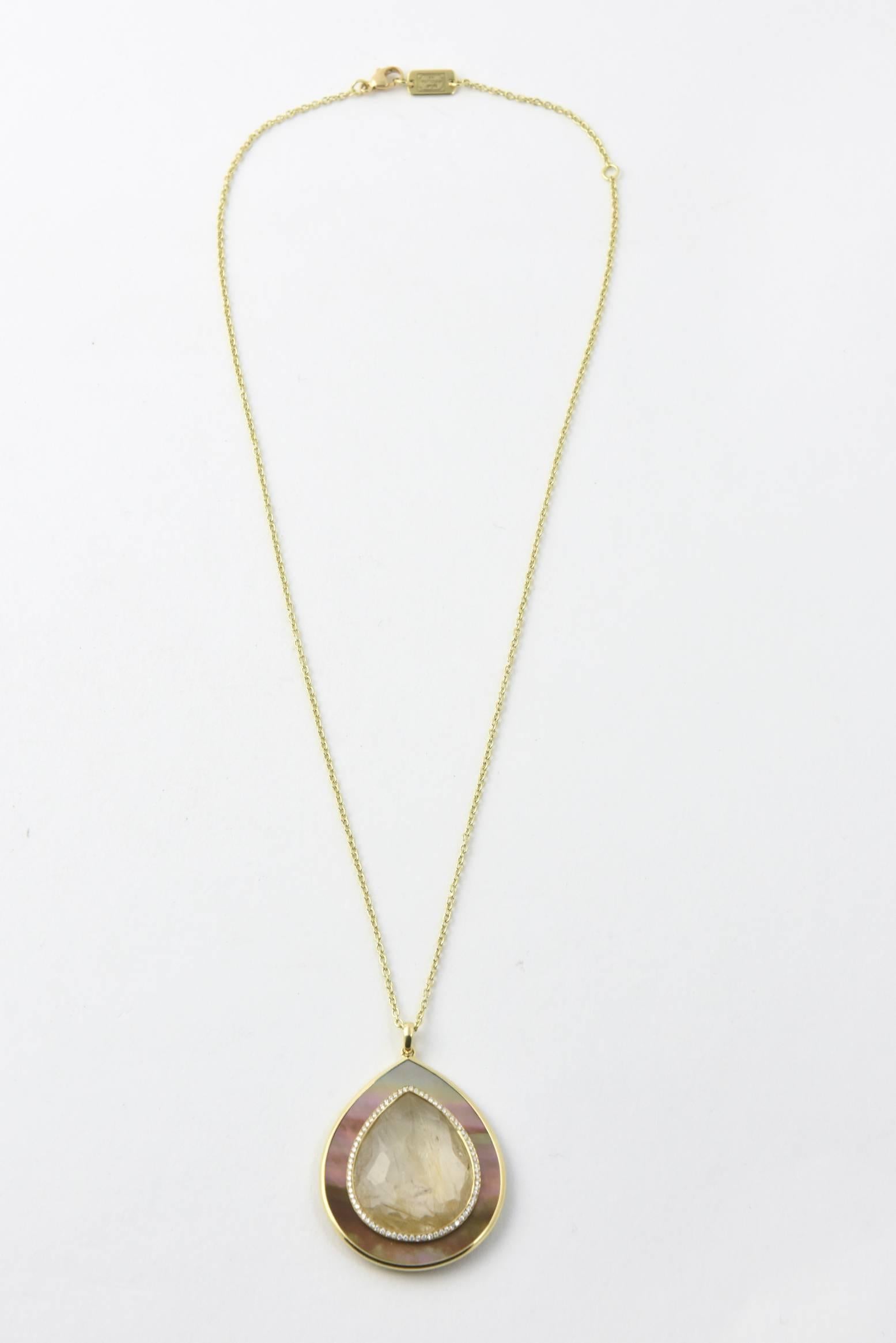 Ippolita 18K Ondine Teardrop Necklace. 18K yellow gold chain-link necklace featuring bezel set diamond embellished rutilated quartz drop pendant with shell accent and spring ring closure.