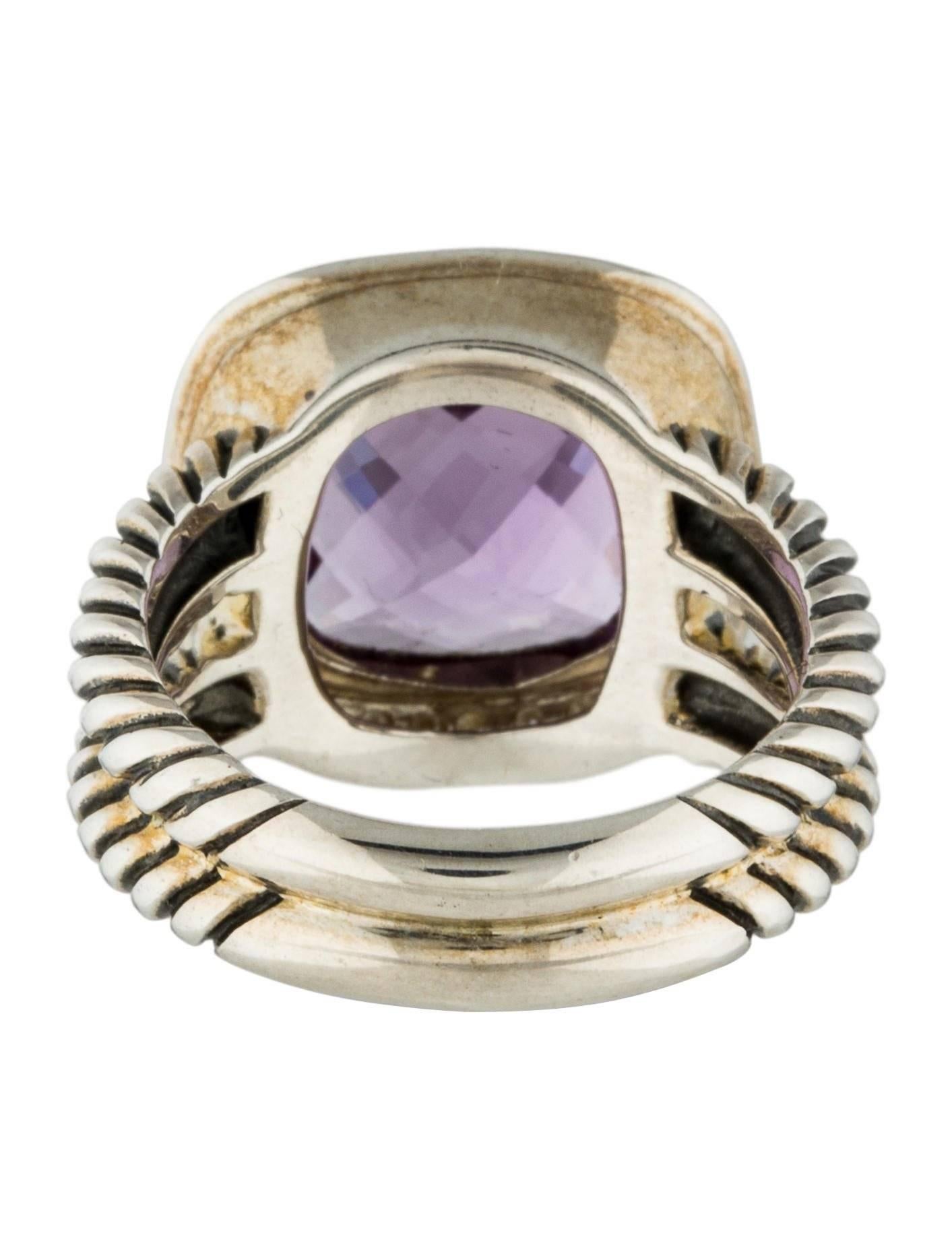 Sterling silver David Yurman Albion cocktail ring with amethyst surrounded by .22 carats of diamonds in a halo with cable textured split shank.  Band with 5mm. The ring measures .83