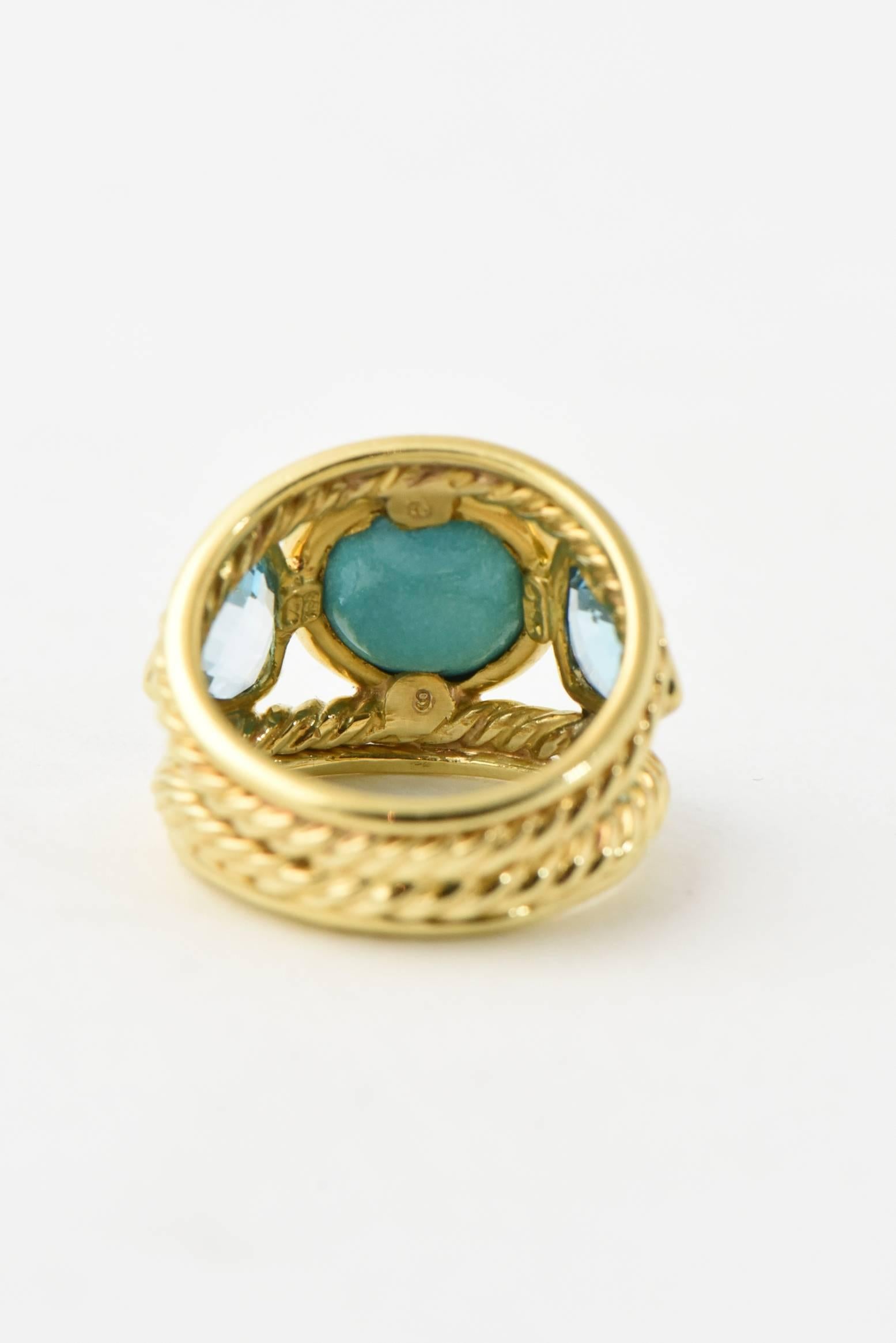 David Yurman Turquoise, Blue Topaz Gold Renaissance Ring In Excellent Condition In Miami Beach, FL