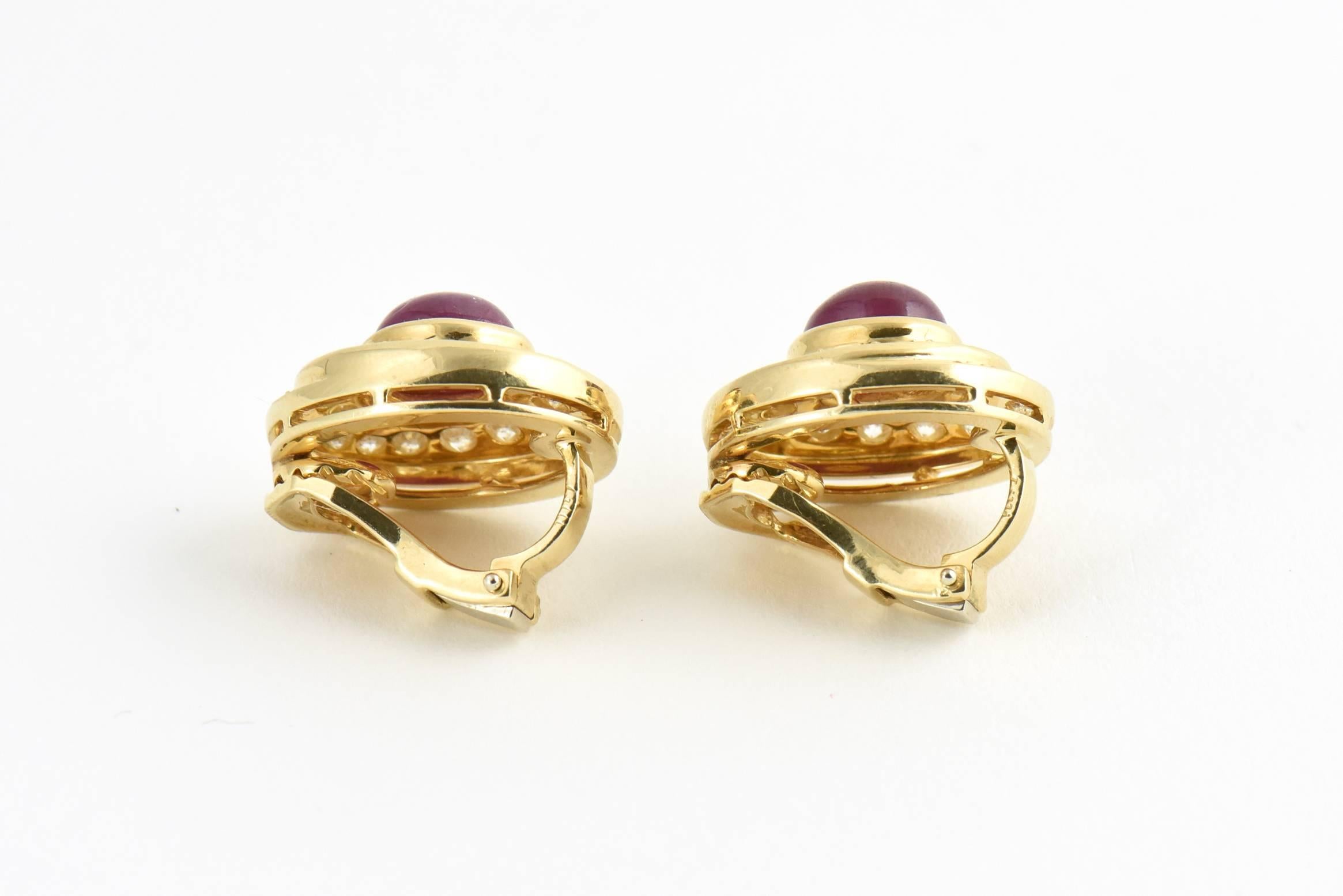 Burma Ruby and Diamond Swirl Gold Earclips 2