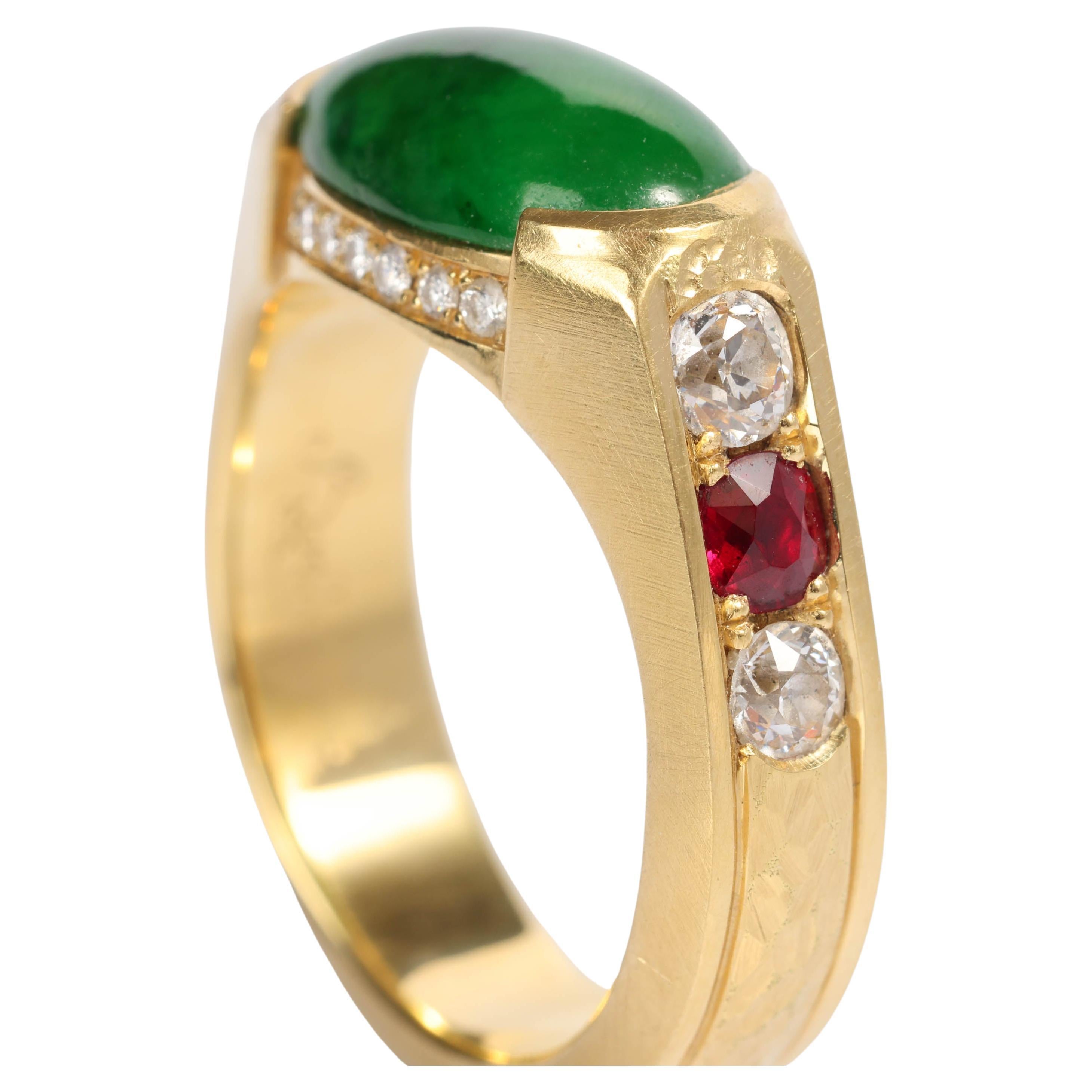 Jadeite Jade Ring Emerald Green, Rubies, Diamonds, 18k, Certified Untreated