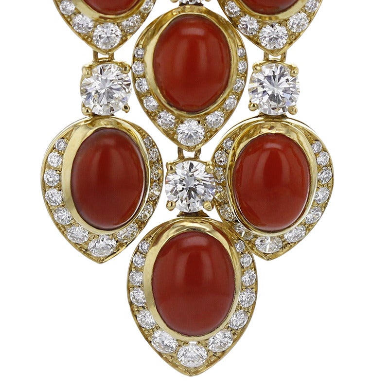 Women's 1970s Bulgari Coral Diamond Gold Ear Pendants
