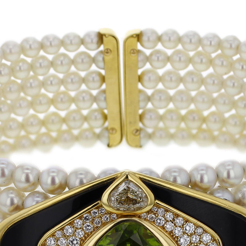 Marina B. Peridot Cultured Pearl Diamond Choker Necklace In Excellent Condition For Sale In Paris, FR