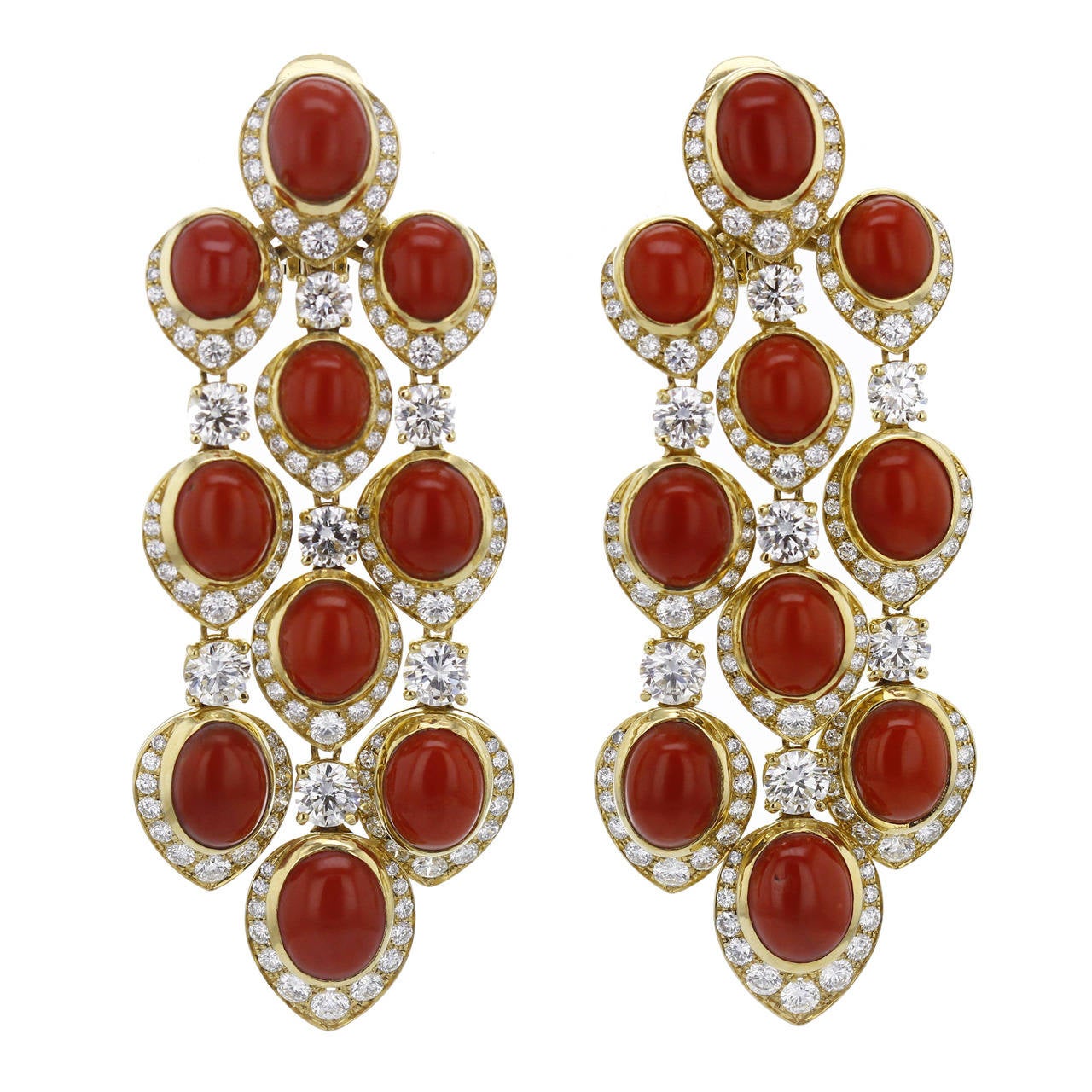 1970s Bulgari Coral Diamond Gold Ear Pendants